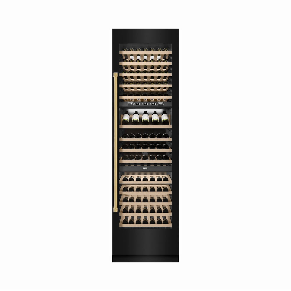 ZLINE Autograph Edition 24 Inch 12.4 Cu Ft Triple Zone 100 Bottle Wine Cooler Refrigerator - Black Stainless Steel with Gold Accents - Perfect for Home Bars, Wine Cellars, and Entertaining Spaces