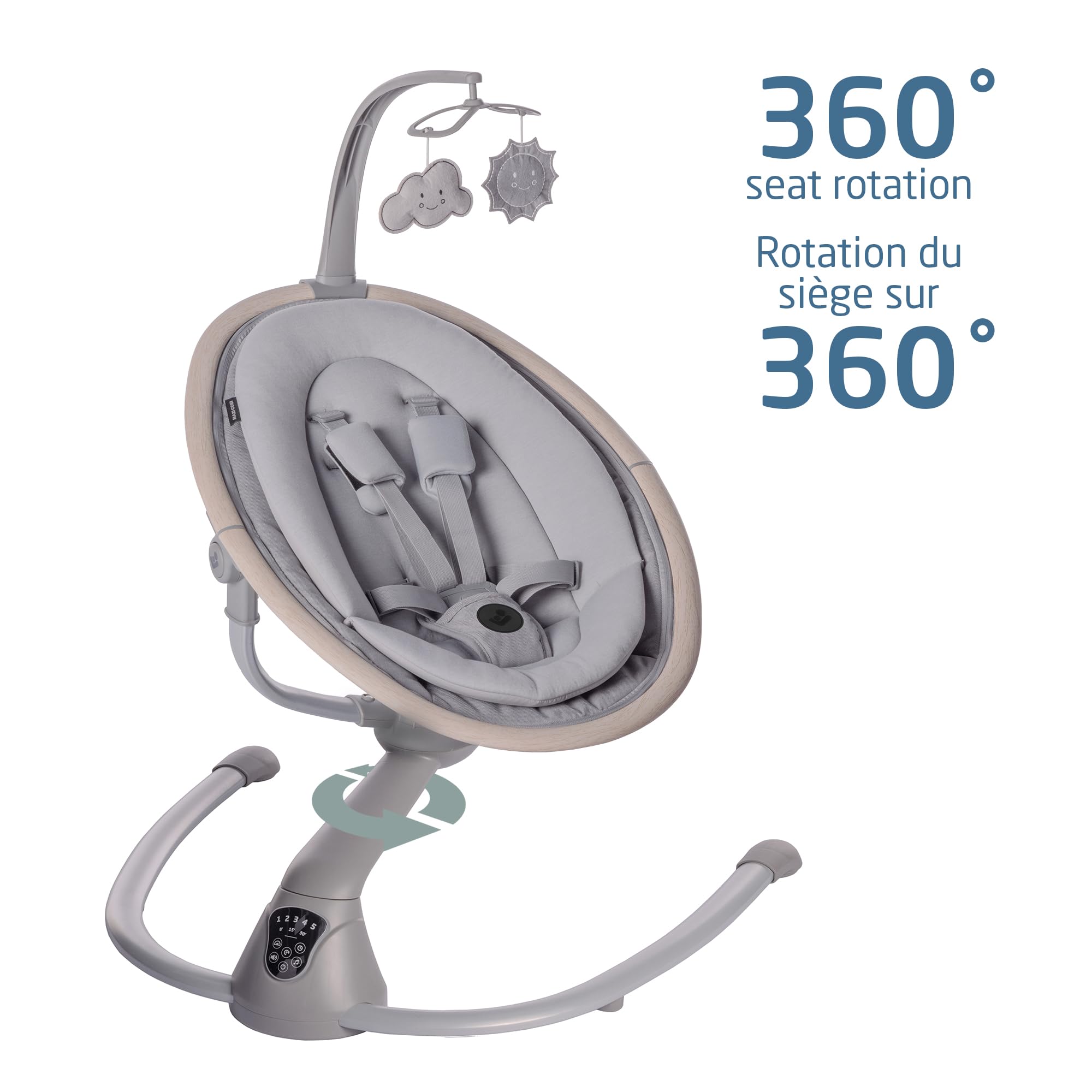 Maxi-Cosi Cassia Baby Swing - Automatic Motion Sensor, Music & Toys, Reclining Portable Infant Swing with 360° Rotation - Lightweight & Foldable in Cascade Grey - Perfect for Nursery, Travel & Soothing Baby to Sleep