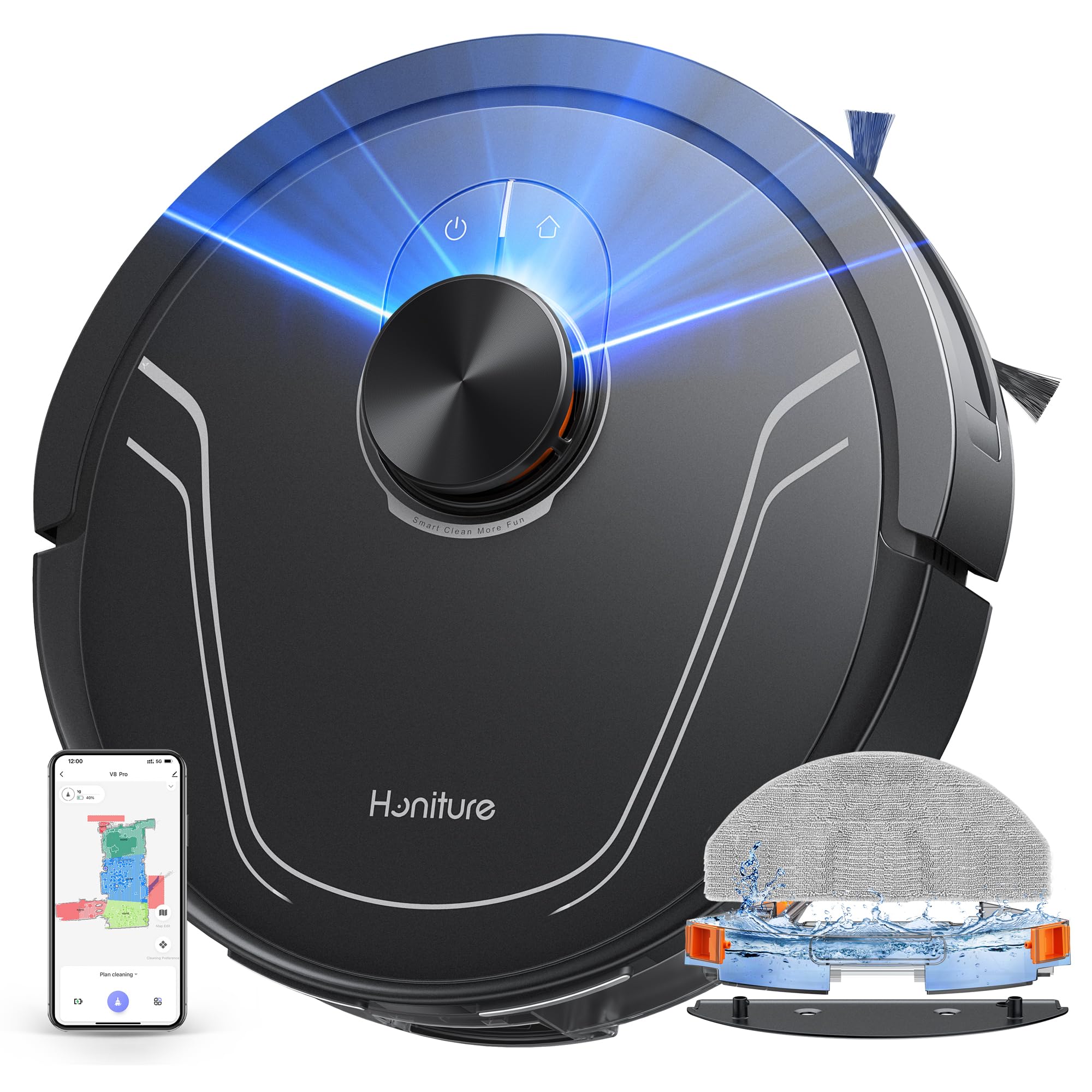 HONITURE V8 Pro Robot Vacuum and Mop Combo - 5000Pa Strong Suction, Laser Navigation, 180 Min Runtime, Self-Charging, Smart App Control - Perfect for Pet Hair, Hardwood Floors & Large Homes
