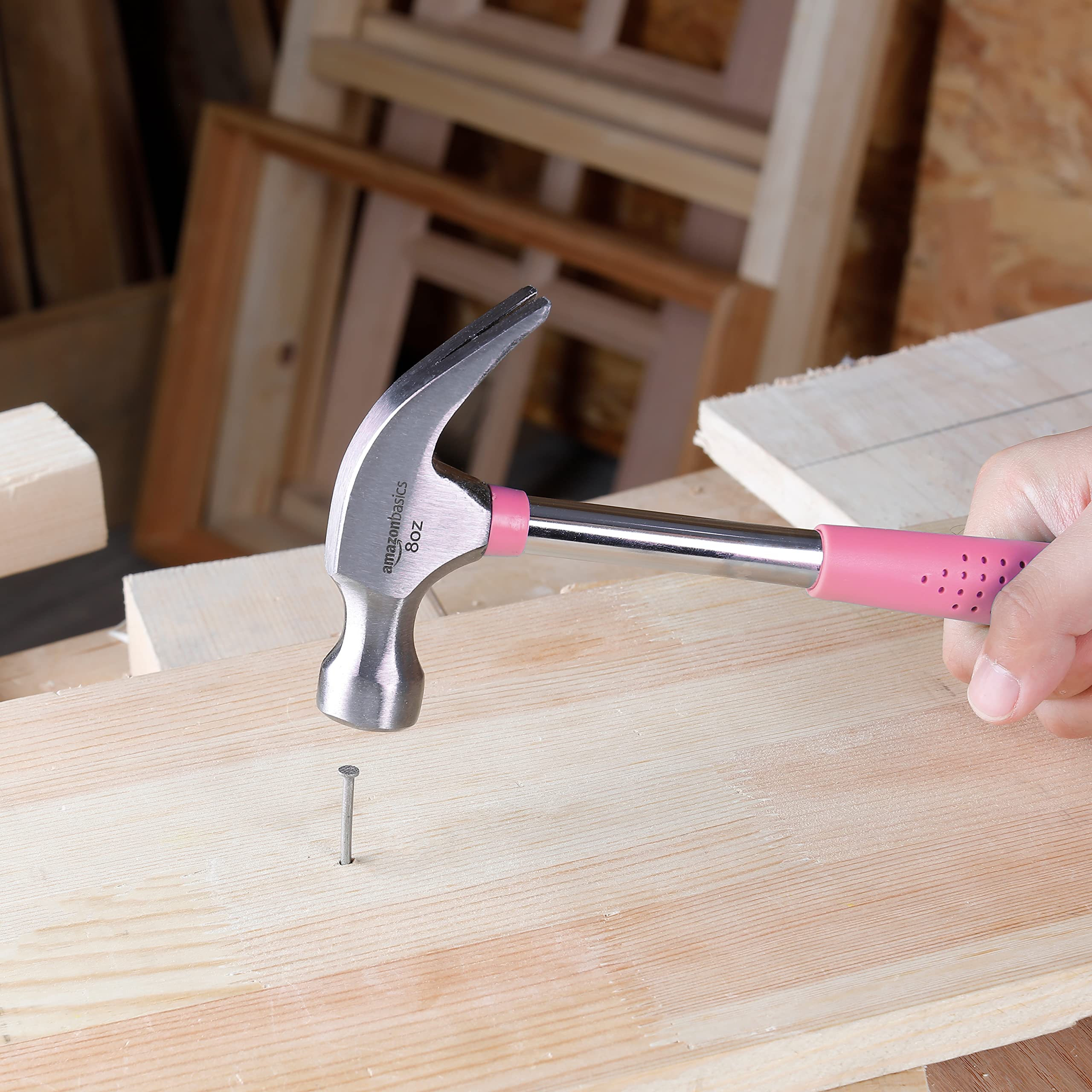 Amazon Basics 8 oz Pink Hammer - Lightweight Claw Hammer for Home DIY Projects, Woodworking, and Small Repairs - Perfect for Hanging Pictures, Assembling Furniture, and Crafting