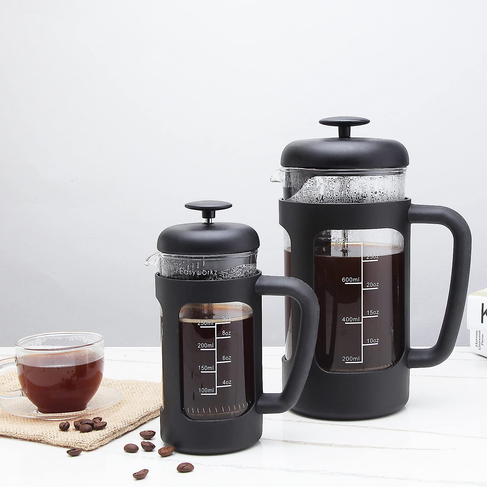 Easyworkz 12 oz French Press Coffee & Tea Maker - Borosilicate Glass, Soft Grip Handle - Perfect for Home, Office & Camping Brewing