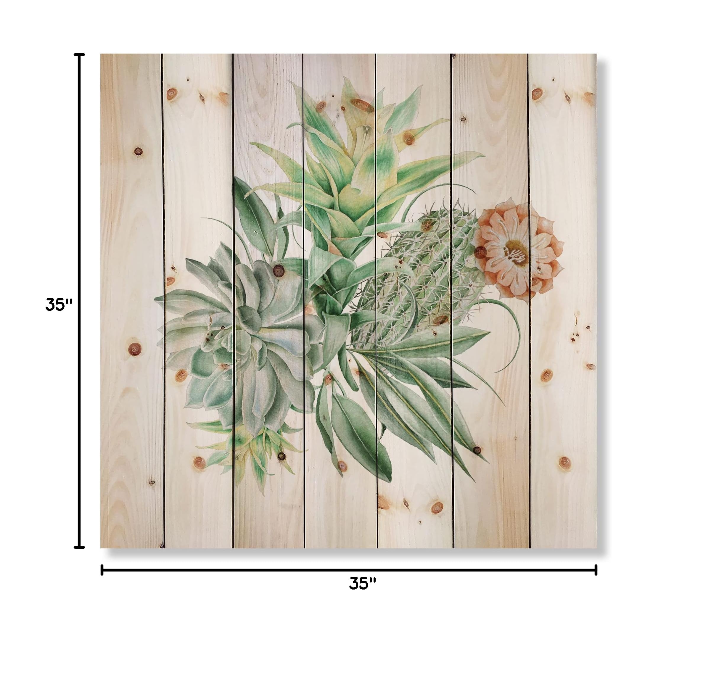 DesignQ Cactus & Succulent Bouquet Wood Wall Art - Large Floral Pine Wood Panel Decor for Living Room, Bedroom & Office - Traditional Green Botanical Wall Hanging