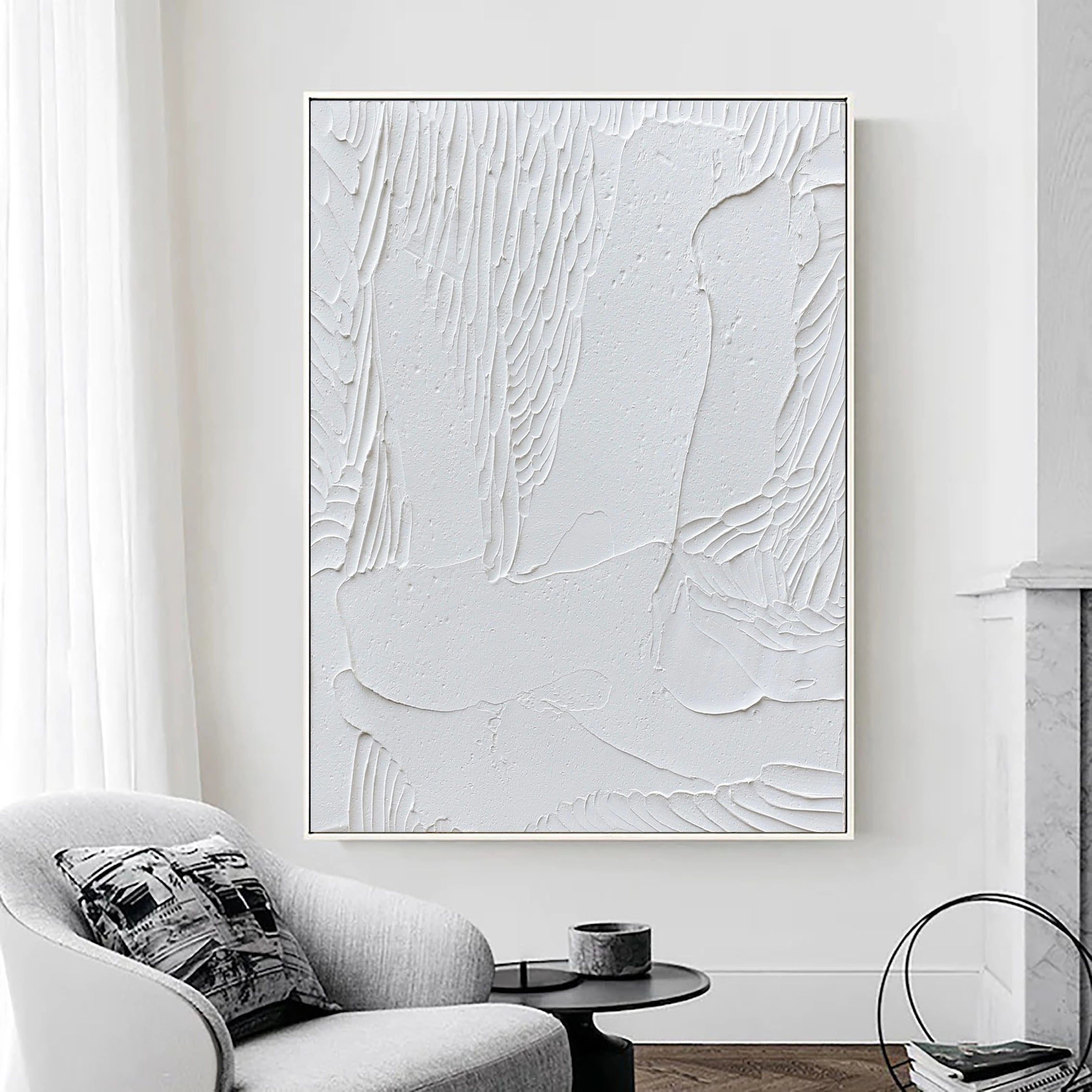 White Minimalist Textured Painting Canvas Wall Art - Modern Abstract Vertical Decor for Living Room, Bedroom & Office #MM011