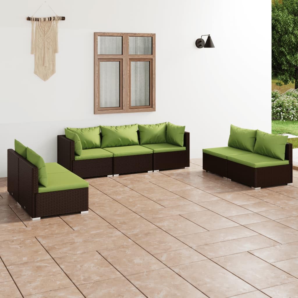 vidaXL 7-Piece Patio Lounge Set with Cushions - Water-Resistant PE Rattan Outdoor Furniture, Modular Design & Sturdy Steel Frame - Brown & Green - Perfect for Backyard, Poolside & Garden Relaxation