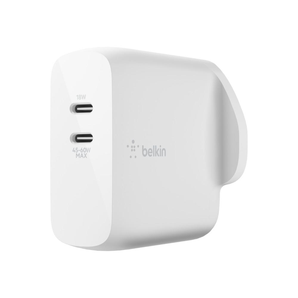Belkin WCH003myWH BOOST↑CHARGE™ 63W GaN Dual USB-C PD Wall Charger - Fast Charging for iPhone 15, MacBook Air, iPad Pro & More | Home, Office & Travel Use