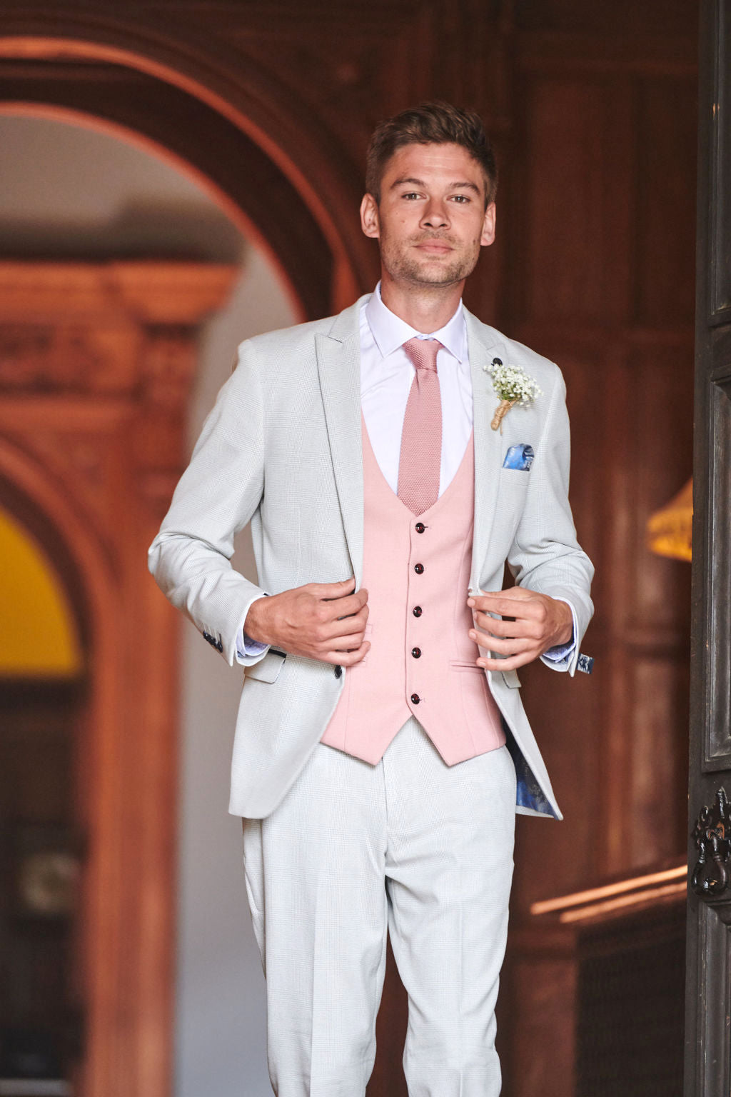 BROMLEY Men's Stone Check Suit with Kelvin Pink Waistcoat - Formal Business Attire for Weddings, Office & Special Occasions