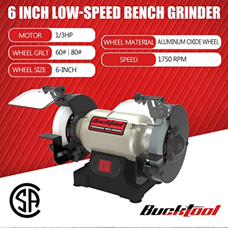 BUCKTOOL 6 Inch Slow Speed Bench Grinder - Professional Wobble-Free Power Tool with TLG 150S Wheel for Sharpening, Polishing & Metalworking - Perfect for Workshops, Garages & DIY Projects