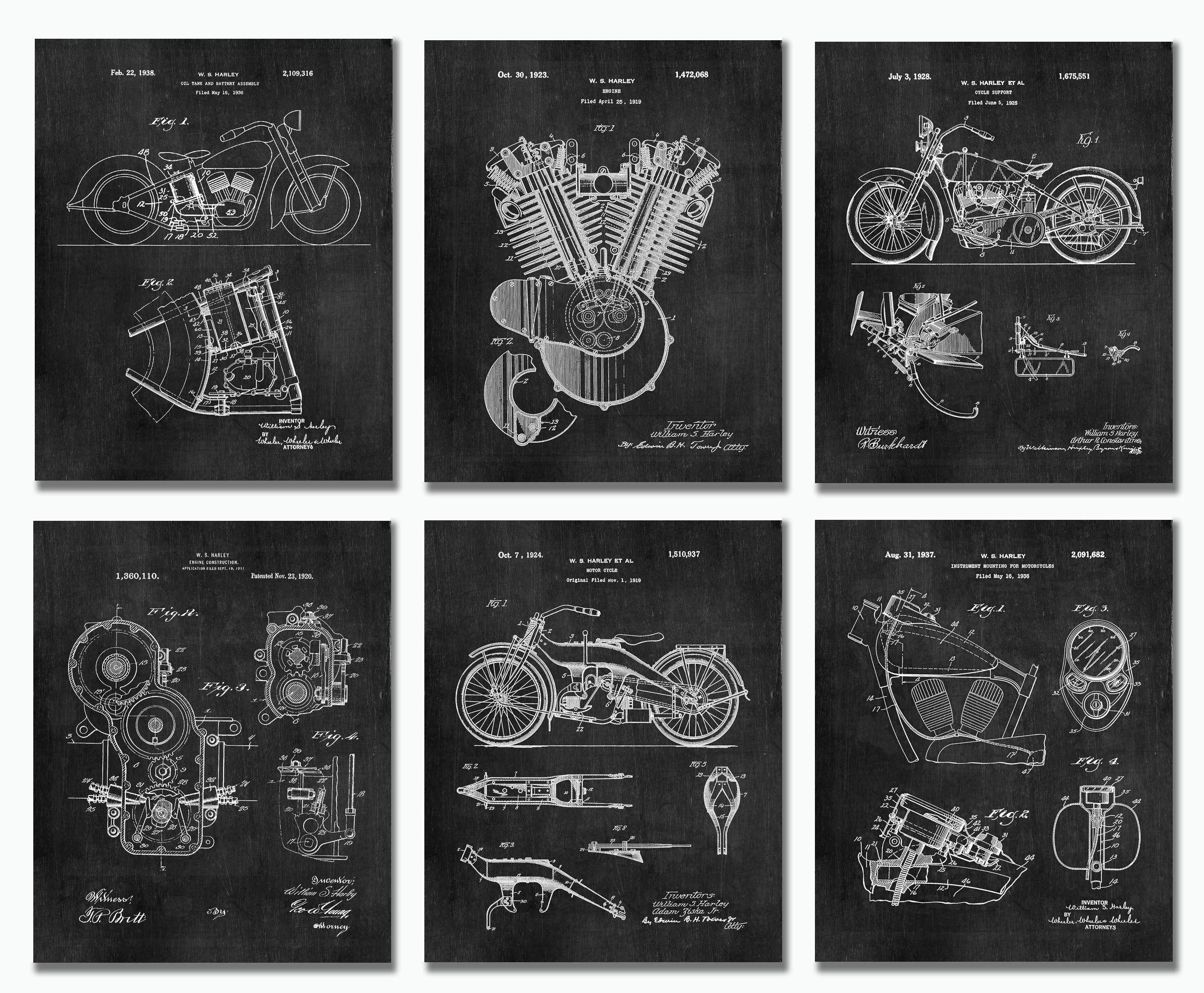Vintage Motorcycle Blueprint Art Prints - Set of 6 (8