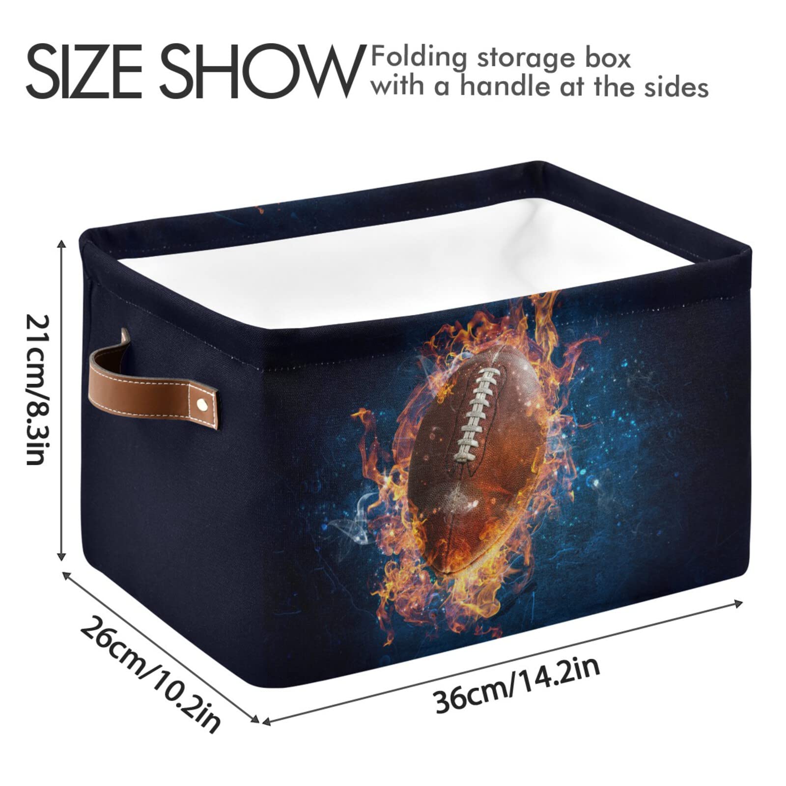 Collapsible Rectangular Storage Basket with Leather Handles - American Football Game Themed Organizer Bin for Nursery, Home & Bedroom | Perfect for Toy Storage, Laundry Organization & Clutter Control