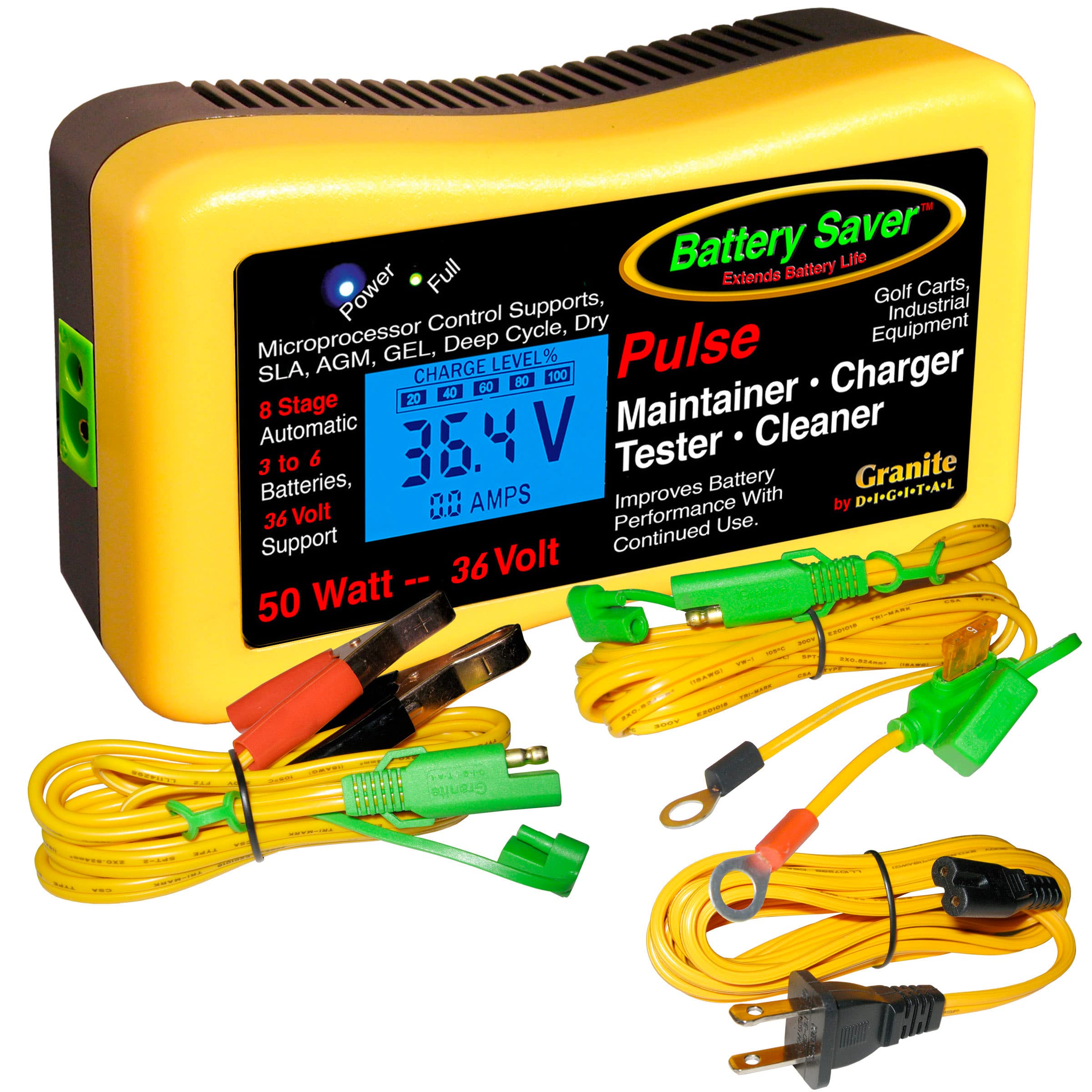 36V 50W Premium Battery Pulse Charger, Maintainer & Tester (Gen 3) - Yellow & Black (2365L-36-G3) | Fast Charging for Motorcycles, ATVs, Boats & RVs | Smart Battery Maintenance & Testing Solution