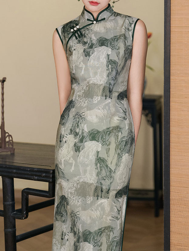 Elegant 2025 Summer Green Printed Cheongsam Qipao Dress - Vintage Chinese Traditional Dress for Women, Perfect for Weddings, Parties & Cultural Events