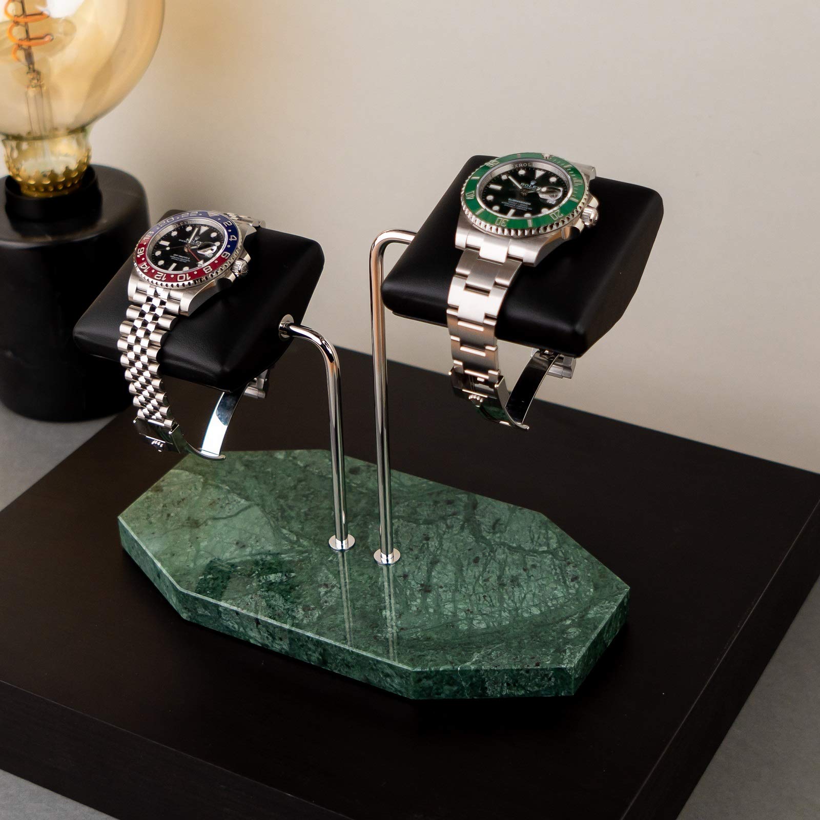 LYS&LYX Handcrafted Watch Stand - Premium Watch Display Holder for Luxury Watches (2-Pack, Green/Silver/Black) - Perfect for Jewelry Store, Home Decor & Watch Collection Organization