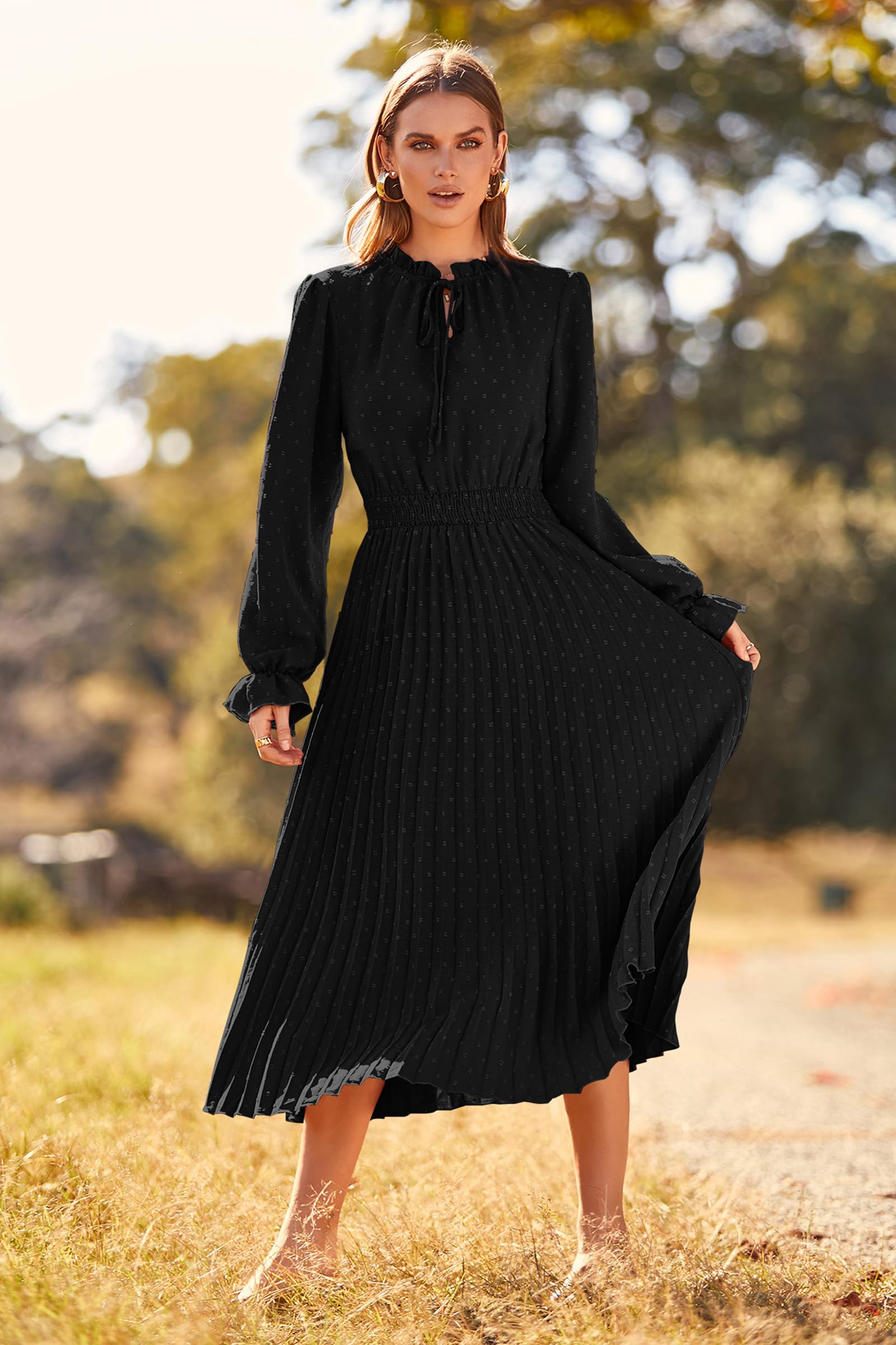 PRETTYGARDEN Women's 2025 Spring Fall Casual Midi Dress - Long Sleeve V-Neck Swiss Dot Pleated A-Line Flowy Dress for Work, Date Night & Special Occasions