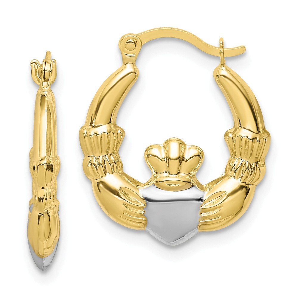 10K Two-Tone Gold & Rhodium Claddagh Hollow Hoop Earrings - White & Yellow Gold Irish Love Knot Jewelry for Women, Perfect for St. Patrick's Day & Celtic Weddings