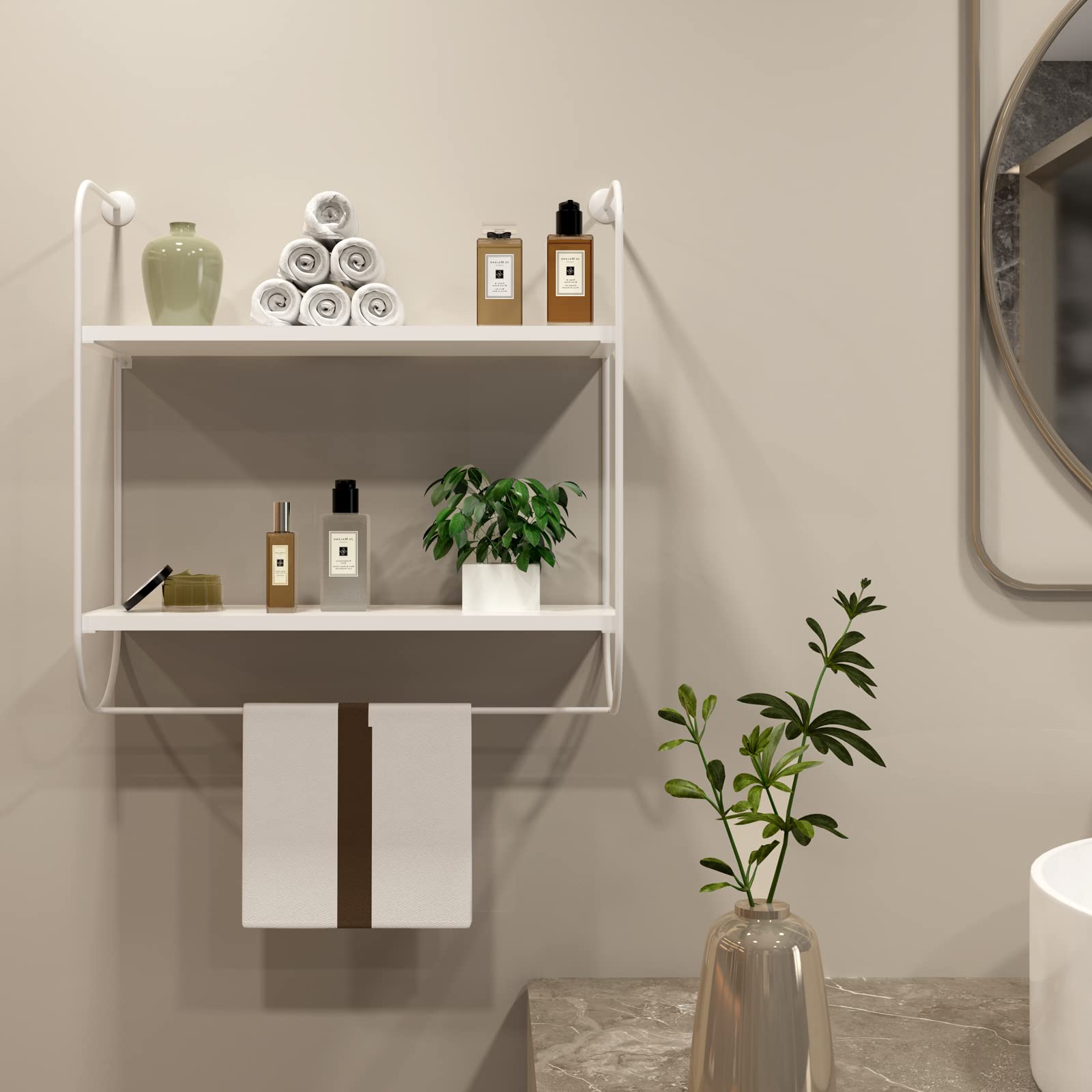 WELLAND 2-Tier White Wall Mounted Bathroom Shelf with Towel Rack - 17 Inch Floating Shelves for Toilet Storage - Space Saving Bathroom, Living Room & Kitchen Organization - Perfect for Small Spaces, Apartments & Home Decor