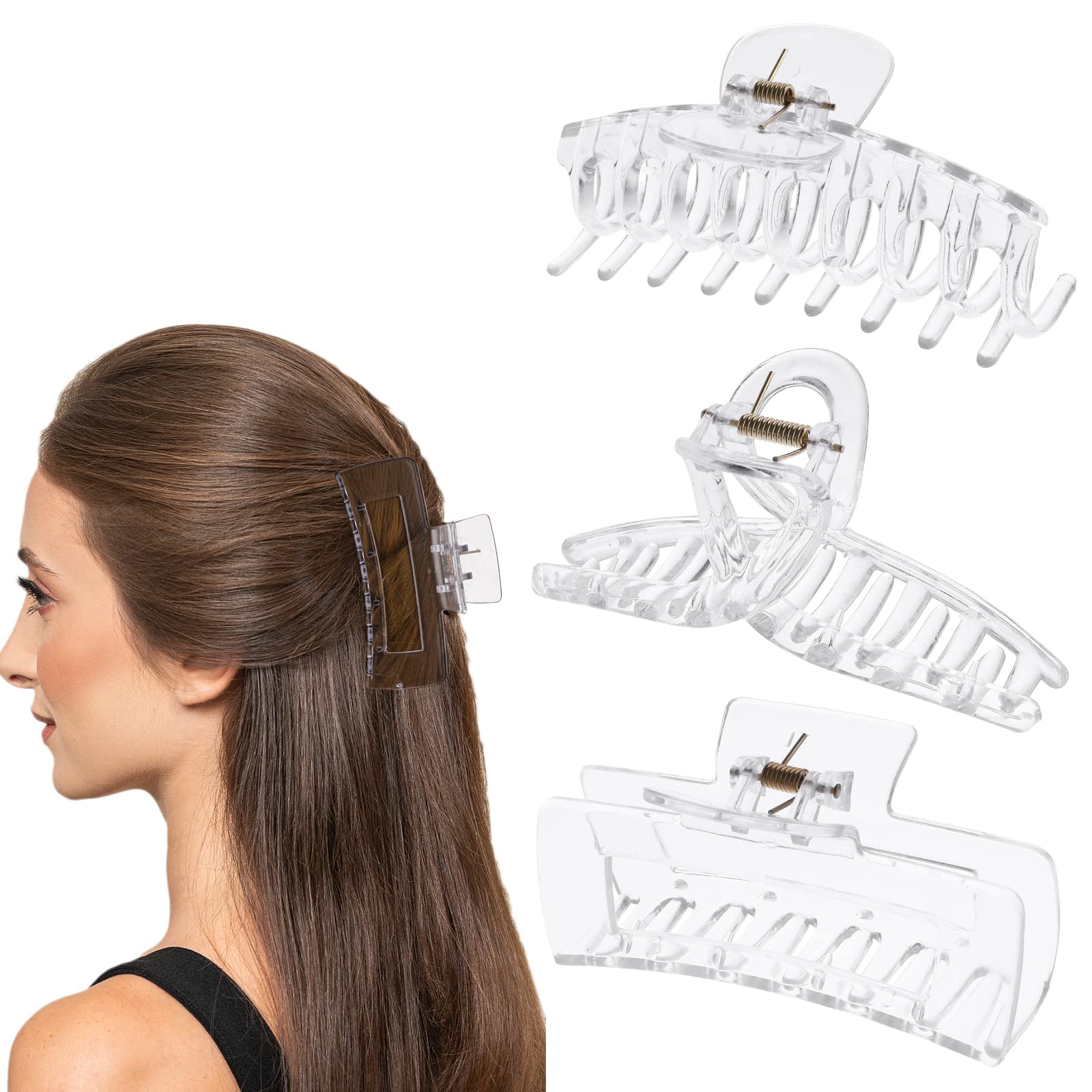 Lusofie 3Pcs Clear Plastic Large Claw Clips for Thick Hair - Strong Hold Hair Clips with Interlocking Teeth, Jumbo Banana Hair Clips for Women & Girls - Perfect for Ponytails, Buns and Everyday Hairstyles