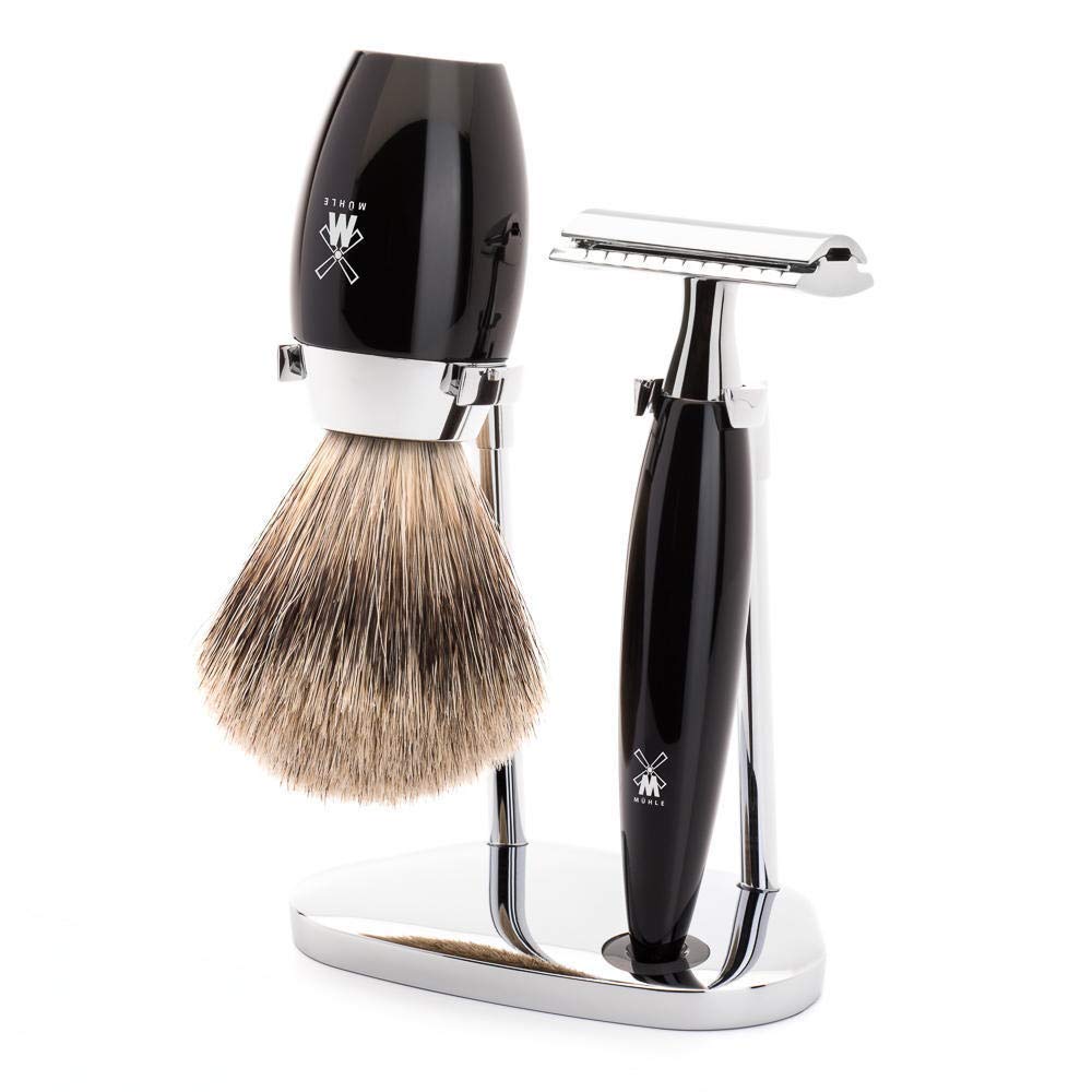 Premium MÜHLE KOSMO Black 3-Piece Fine Badger Hair Shaving Safety Razor Set for Men - Luxury Wet Shaving Kit with Travel Case for Home & Grooming Gifts
