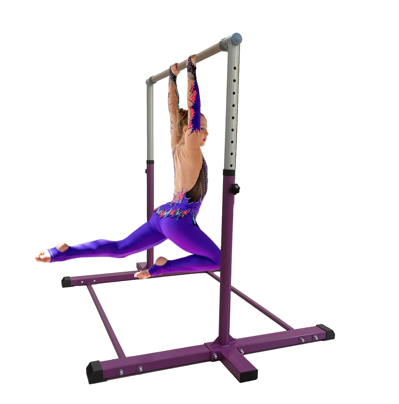 Adjustable Kids Gymnastics Bar - Professional Training Horizontal Bar for Junior Gymnasts (3-5FT Height, Purple Cushioned) | Perfect for Home Practice, Backyard Training & Gymnastics Skill Development