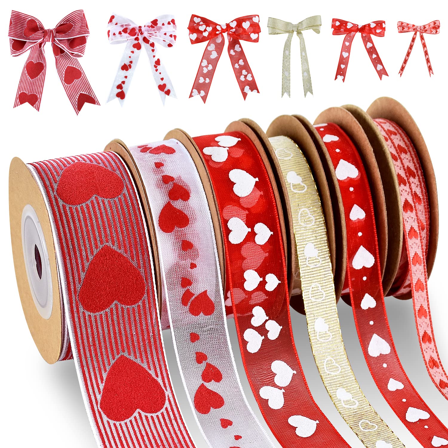 6 Rolls Red Love Heart Ribbon - 33 Yards Red & Pink Grosgrain Organza Ribbon for Gift Wrapping, DIY Crafts, Wedding Decorations, Party Favors, Scrapbooking & Valentine's Day Gifts