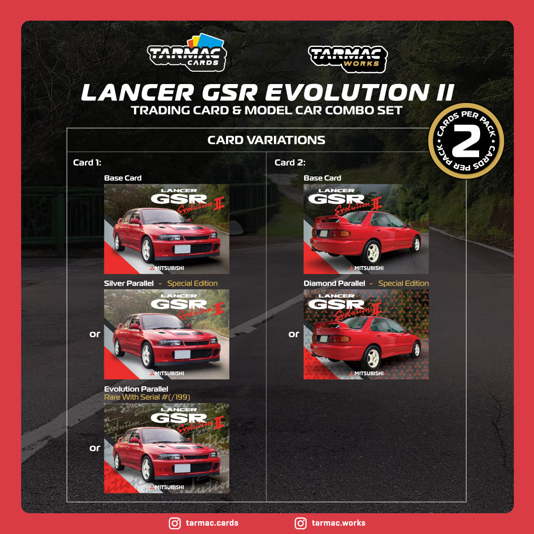 Tarmac Works 1/64 Scale Mitsubishi Lancer GSR Evolution II Diecast Model Car - Red with Tarmac Cards - Collectible Miniature Vehicle for Display & Racing Scenes - Perfect for Car Enthusiasts & Model Collectors