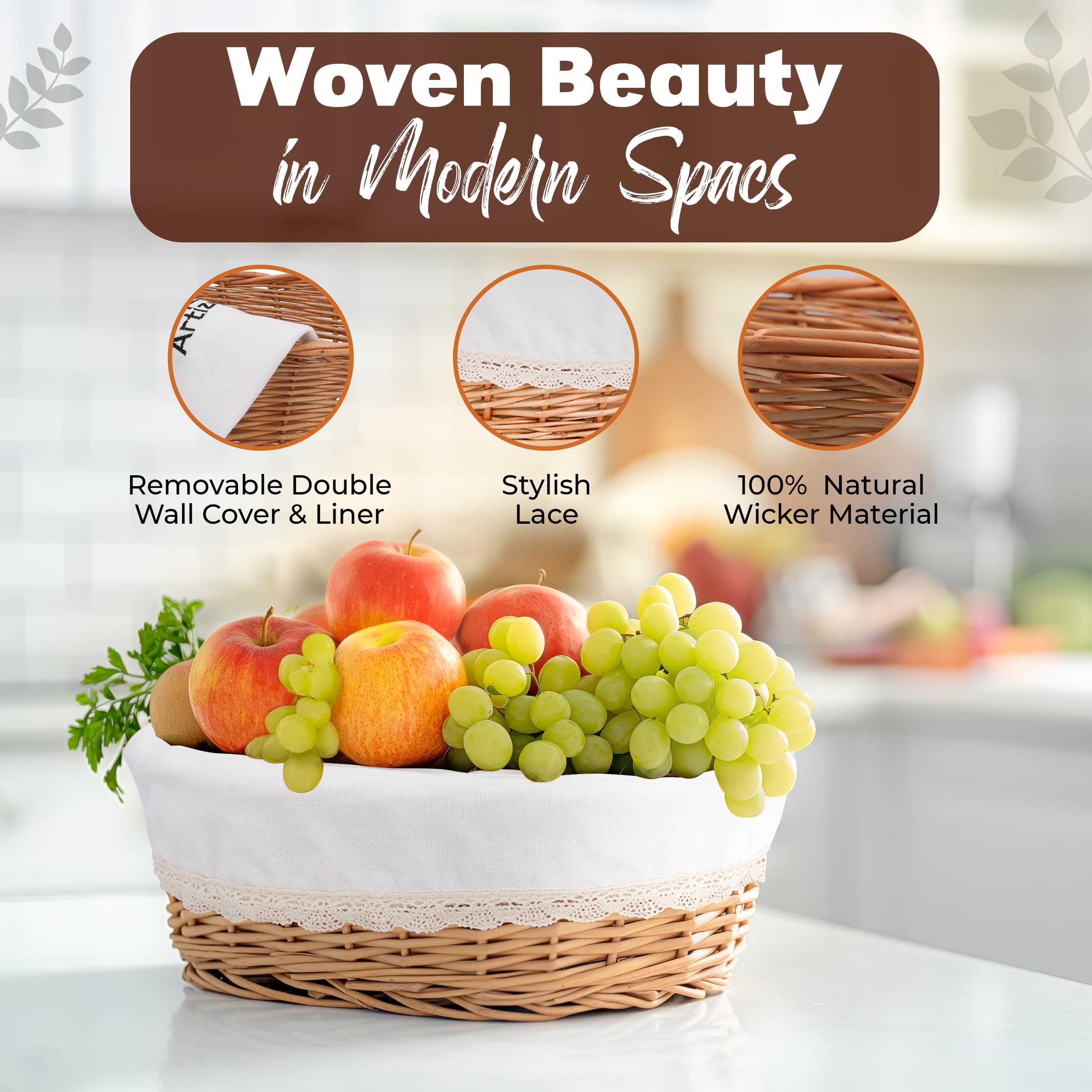 12 Inch Large Handmade Wicker Bread Basket with Removable Liner & Cover - Perfect for Sourdough, Pastries, Fruits Storage & Serving | Rustic Kitchen Decor, Farmhouse Dining, Party Serving