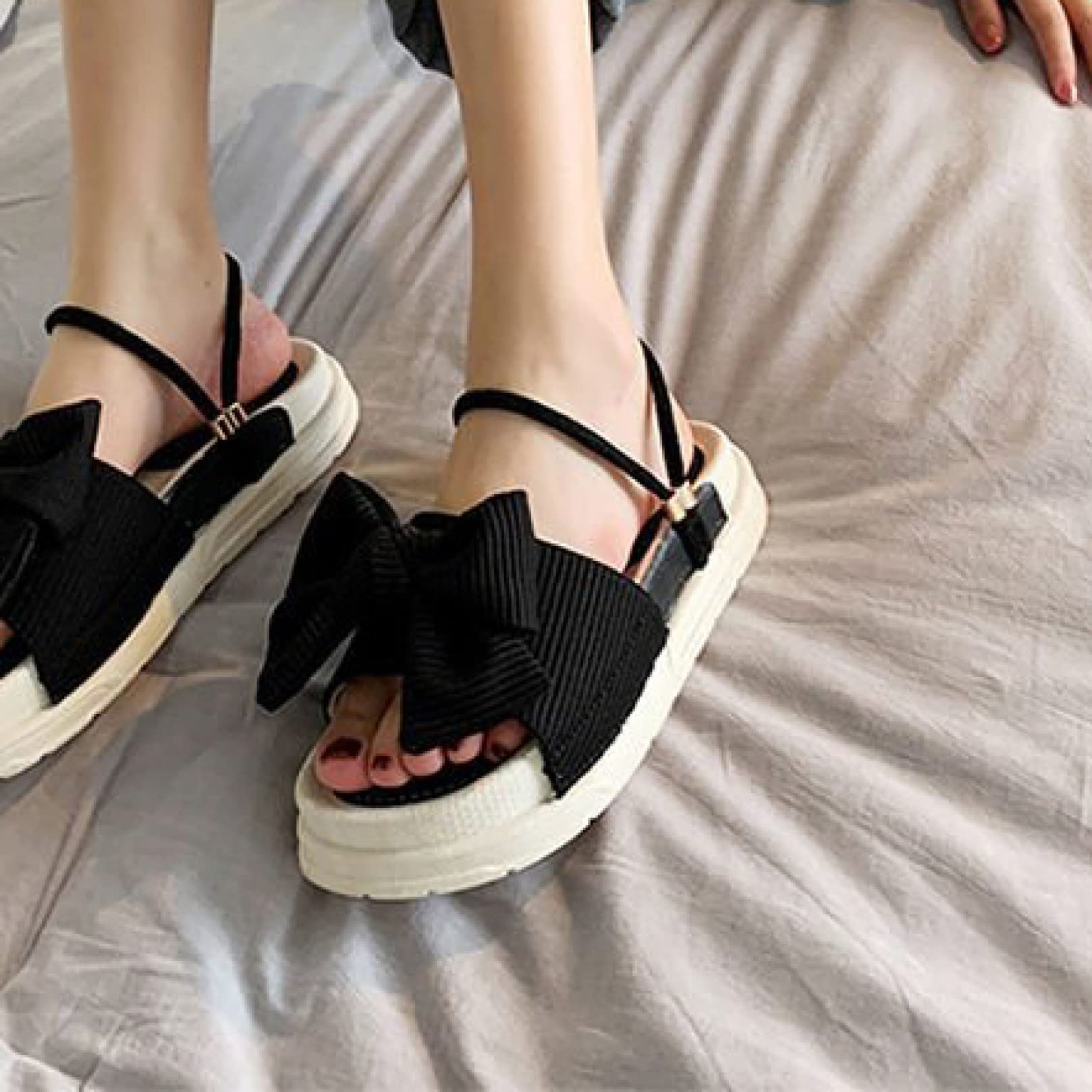 EBRICON Women's Open-Toe Platform Sandals with Bow-Knot - PU Leather Casual Slip-On Slides for Beach, Summer & Everyday Wear - Comfortable Flatform Slippers for Women