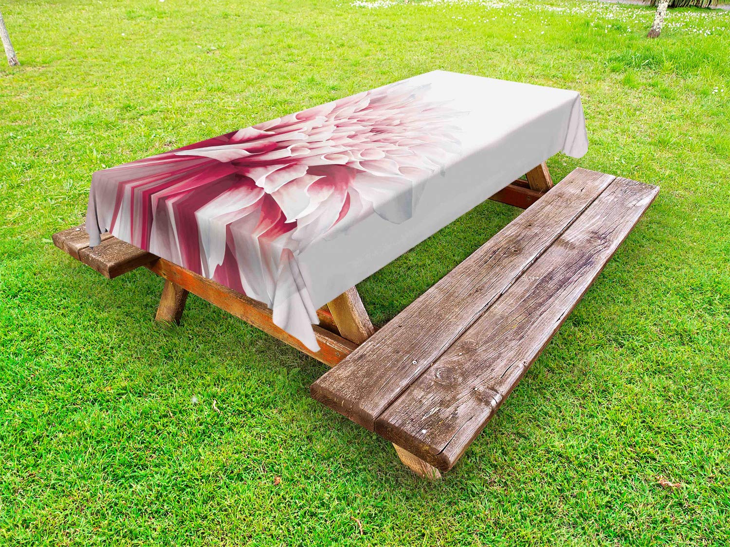 Ambesonne Dahlia Outdoor Tablecloth - Large Red Flower Meadow Design, Washable Picnic Table Cover 58x120 Inches, Ruby Ivory White - Perfect for Garden Parties, BBQs, and Outdoor Dining Decor