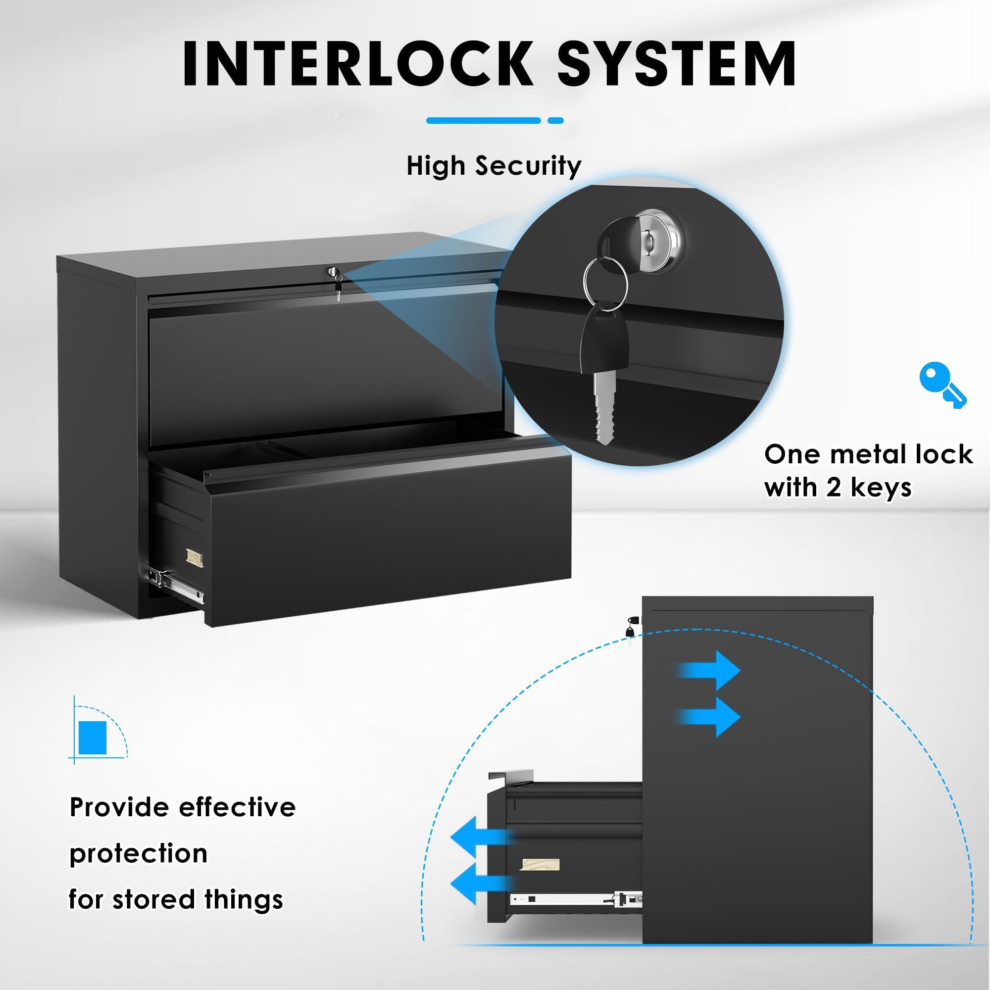 Pataku 2-Drawer Lateral File Cabinet with Lock - Black Metal Filing Cabinet for Home Office, Organize Hanging Files, Letters, Legal, F4 & A4 Documents - Perfect for Office Storage & Home Workspace Organization