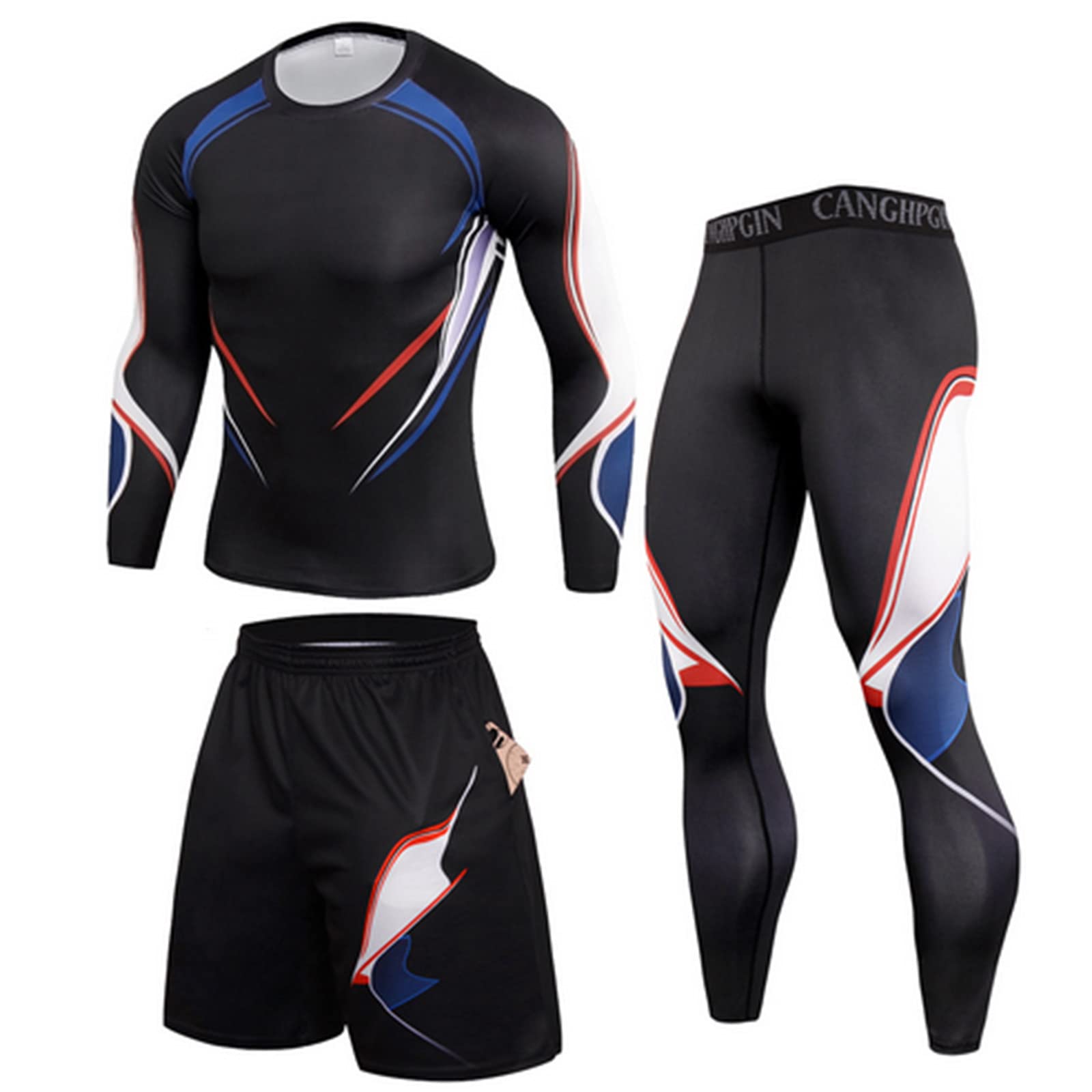 3Pcs Men's Compression Workout Clothes Set - Long Sleeve Shirt, Pants & Shorts - Moisture Wicking Fitness Sports Jersey Tops & Bottom for Gym, Running & Training