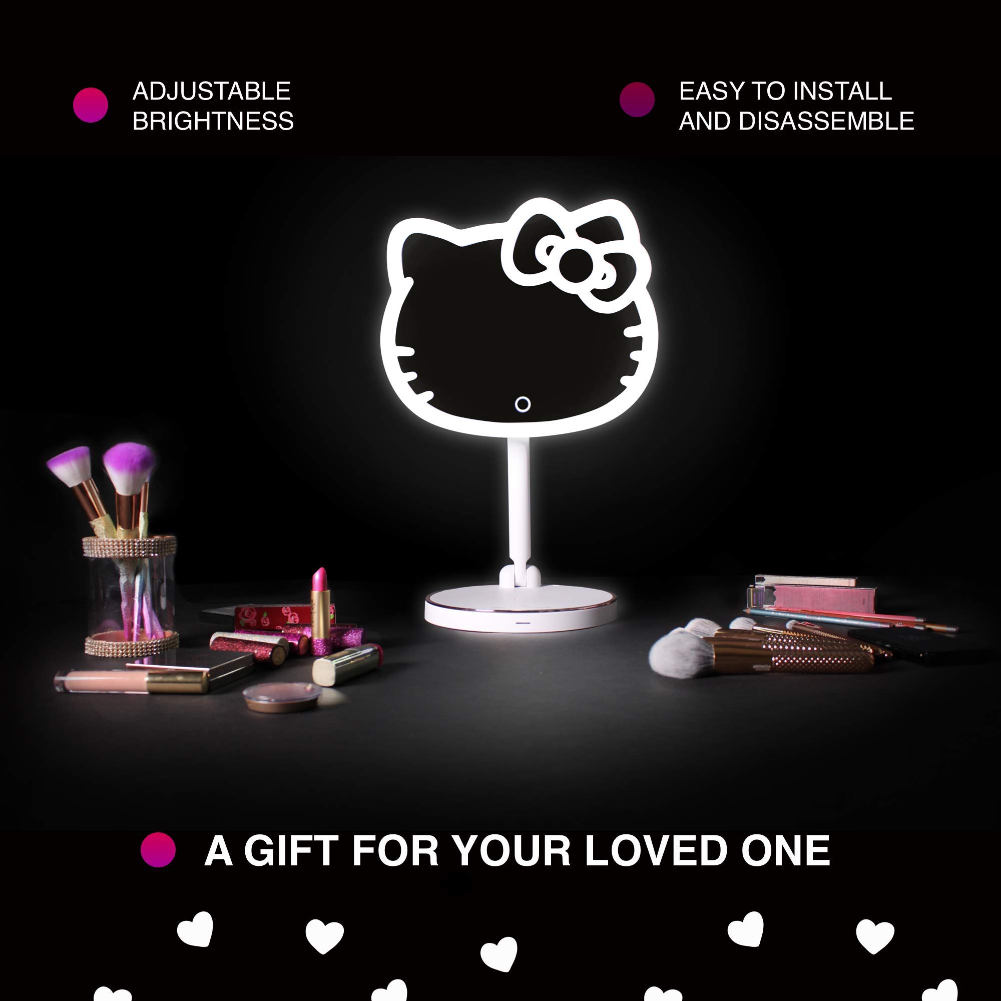 Hello Kitty LED Makeup Mirror with 360° Rotation & Touch Sensor - Rechargeable Vanity Mirror with Adjustable Brightness & Light Strip for Home, Bedroom, and Travel Beauty Routine
