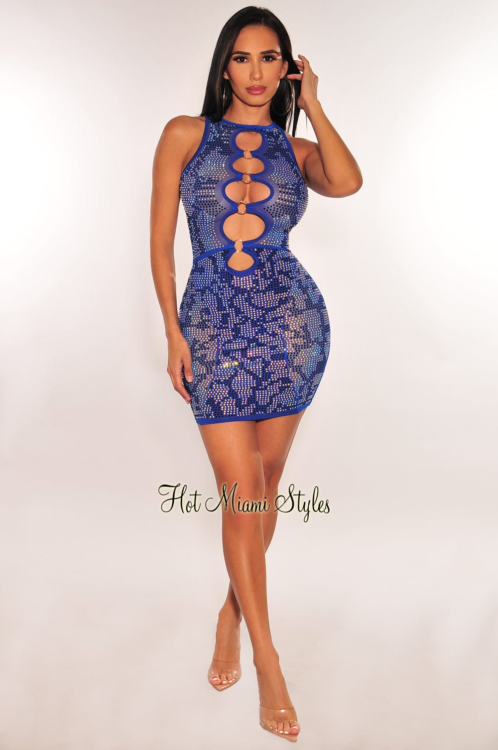 Royal Blue Rhinestone Mesh O-Ring Cut Out Sleeveless Party Dress - Elegant Evening Gown for Prom, Cocktail, Wedding & Special Occasions