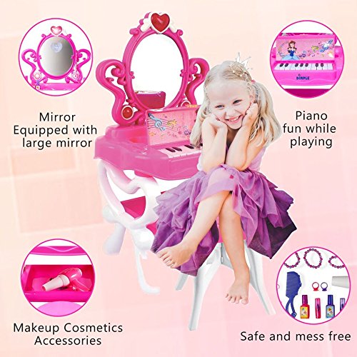 Dimple 2-in-1 Musical Piano & Vanity Set for Girls - Interactive Pretend Play Makeup Toy with Working Piano, Flashing Lights, Large Mirror & Hair Dryer - Includes Pretend Cosmetics & Princess Mirror Image (7 AA Batteries Included) - Perfect for Birthday Gifts, Role Play & Creative Fun
