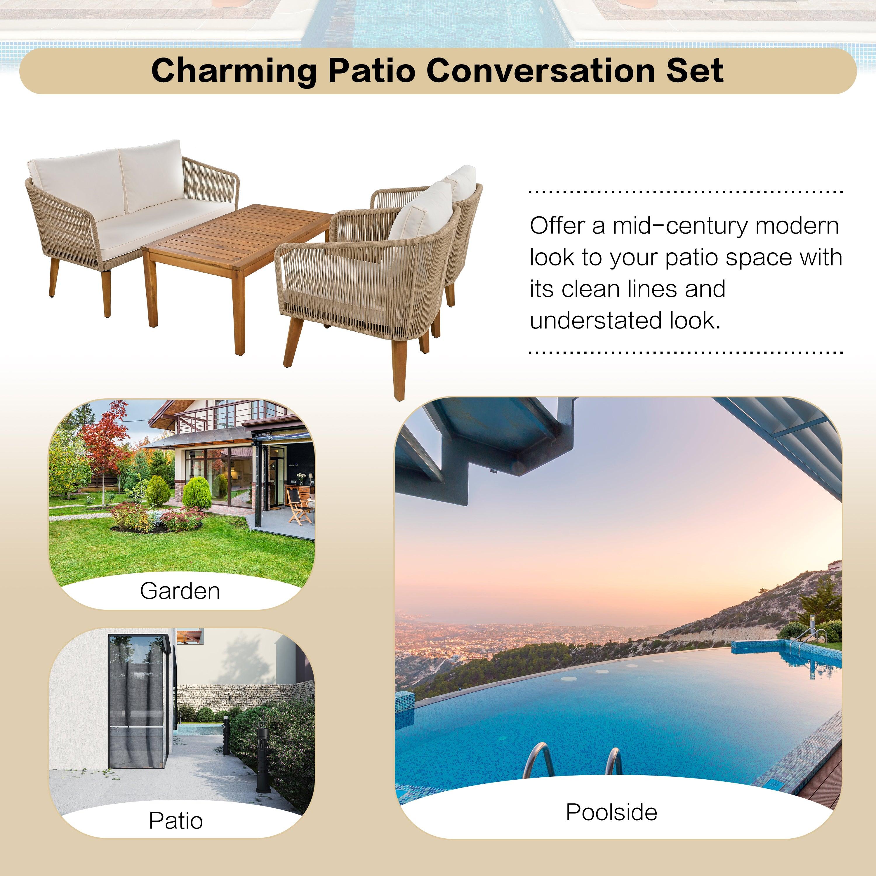 4-Piece Outdoor Patio Furniture Set with Loveseat, Rope Wicker Conversation Set & Cushions - Perfect for Backyard, Garden, Poolside & Outdoor Entertaining