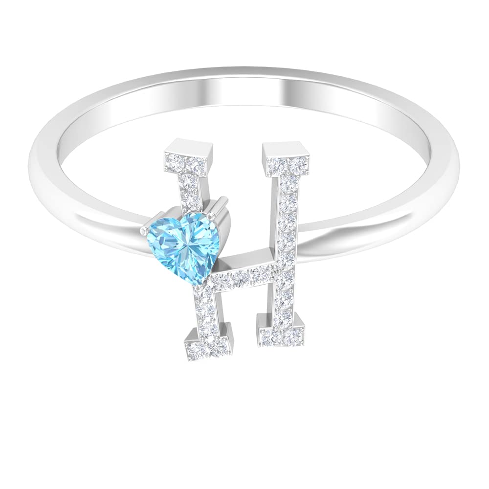 Aquamarine and Diamond Rings for Women | 14K White Gold A-Z Initial Rings | Personalized Alphabet Jewelry for Birthdays, Anniversaries & Gifts