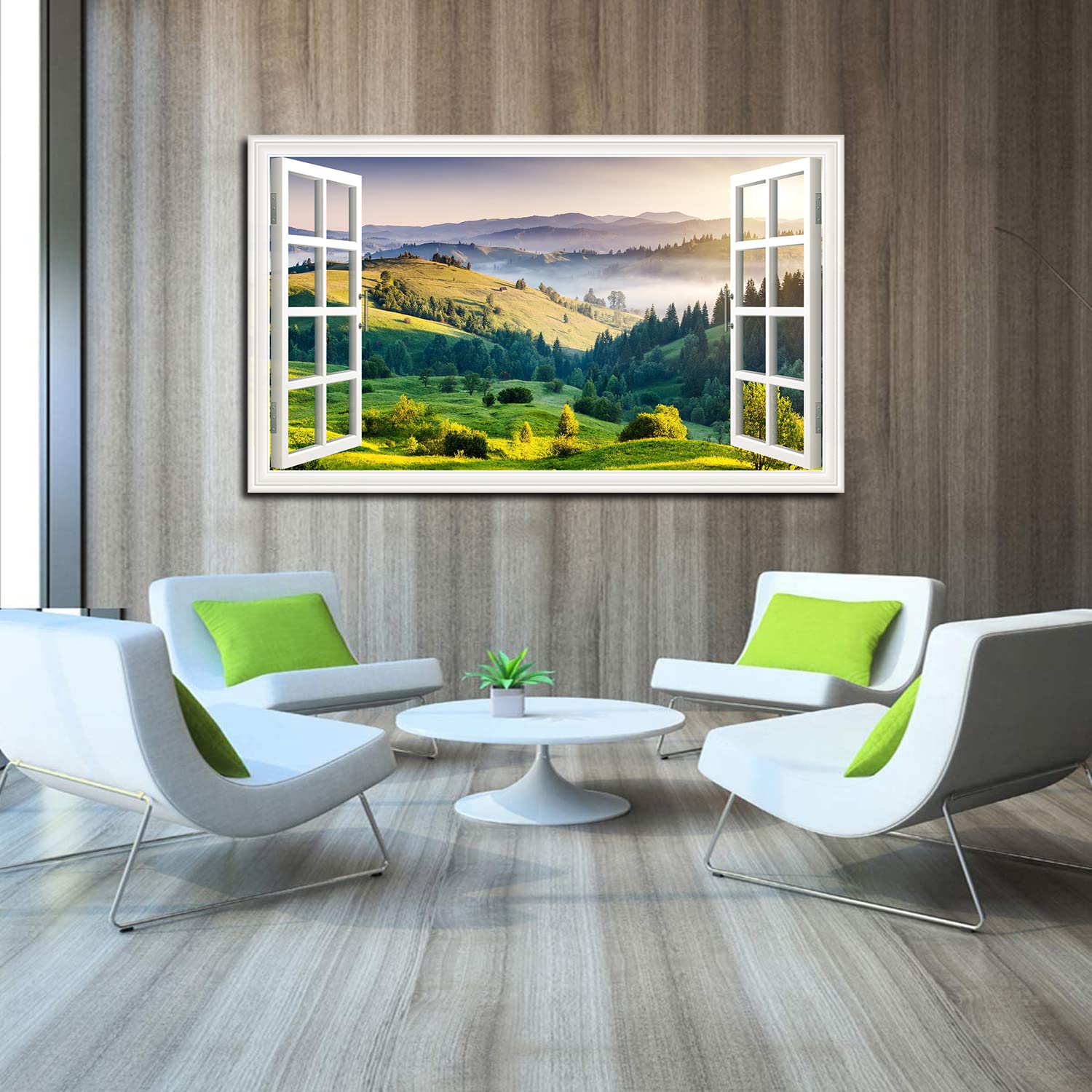Green Hills Landscape Canvas Art - Fake Open Window Wall Decor with Mountain View Painting for Living Room, Office, Bedroom - Ready to Hang - Perfect for Home & Office Decoration