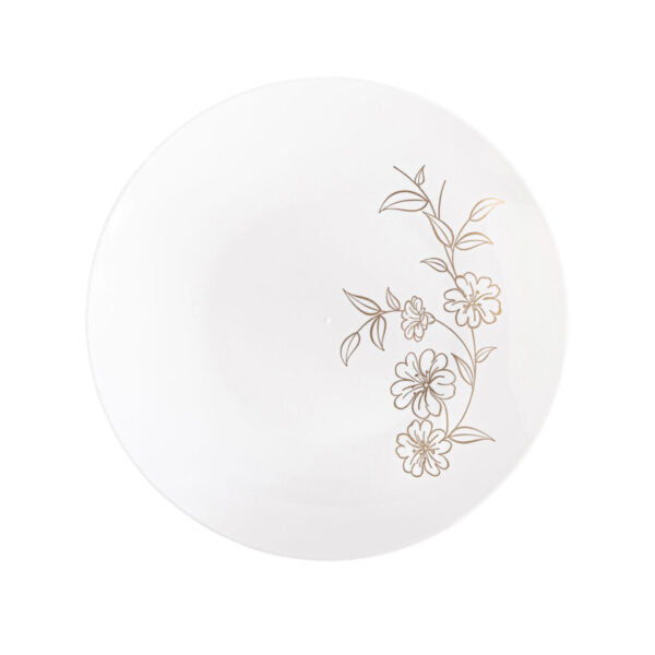 White and Gold Round Plastic Plates - Elegant Disposable Dinnerware for Parties, Weddings & Events - 50-Pack BPA-Free Primrose Collection - Perfect for Indoor/Outdoor Dining & Special Occasions