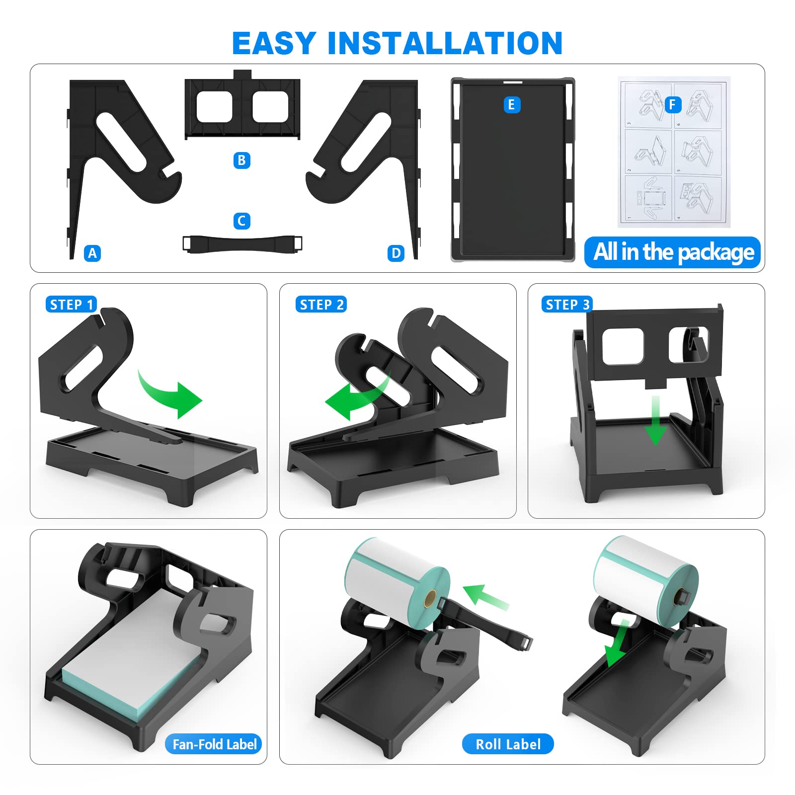 Thermal Label Holder for Rolls & Fan-Fold Labels - Compatible with Desktop Label Printers - Durable Shipping Label Stand for Home Office (Black) - Perfect for E-commerce, Shipping & Organization