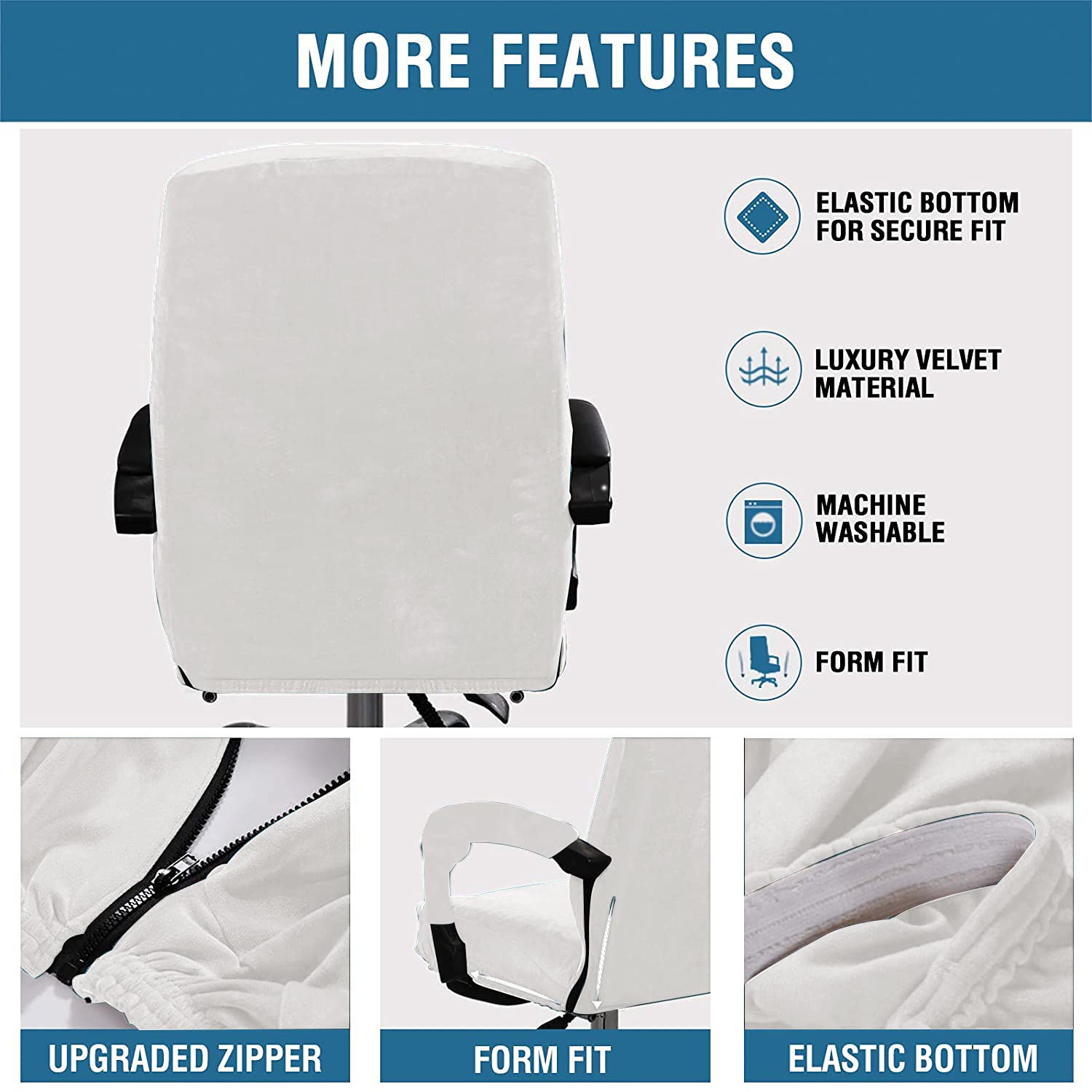 Stretchable Velvet Office Chair Cover - Removable & Washable Universal Elastic Slipcover for Computer, High Back & Rotating Chairs - Modern Minimalist Style (White, Large) - Perfect for Home Office, Gaming & Workspace Decor