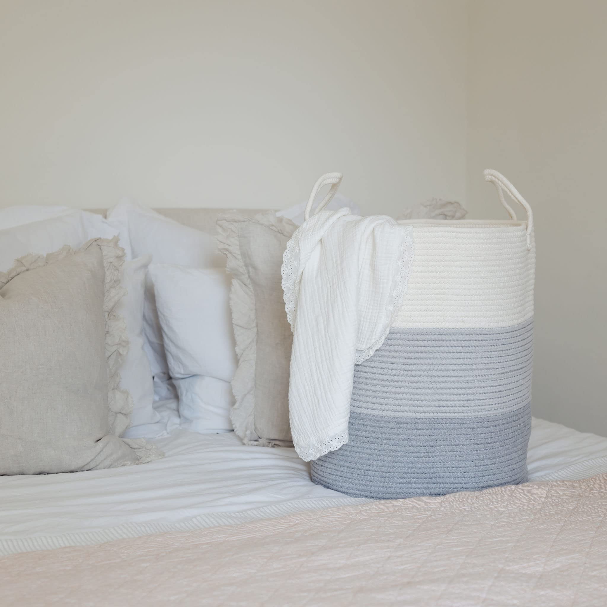 OrganiHaus Gray Nursery Laundry Basket 15x18 Inch - Farmhouse Style Extra Large Storage Hamper for Baby Clothes, Blankets & Toys - Soft Woven Pillow Basket for Living Room, Nursery & Kids' Room Organization