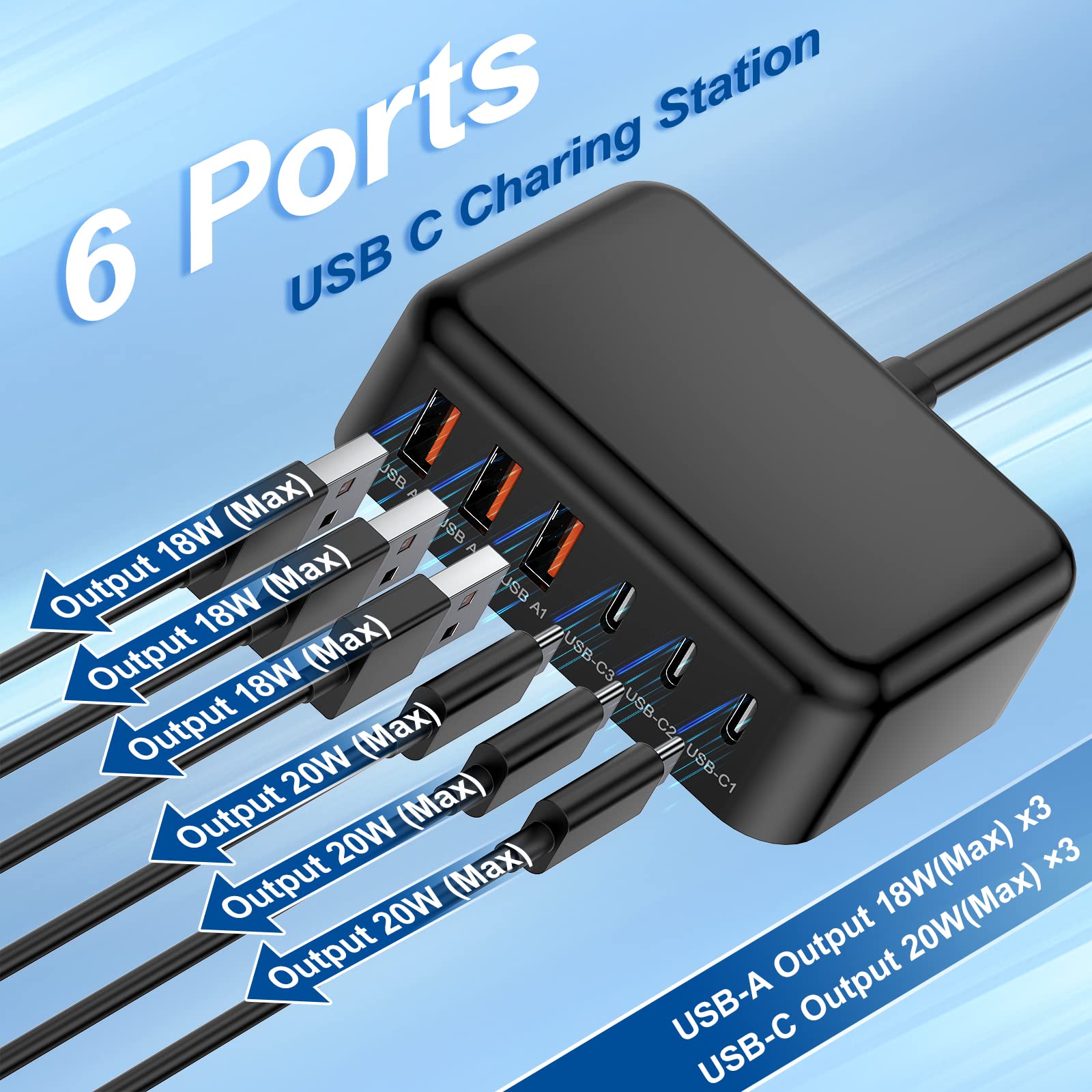 100W USB C Wall Charger, Excgood 6-Port GaN Fast Charging Station with USB-C & USB-A Ports - Compact Desktop & Travel Charger for iPhone 16/15 Pro Max, Galaxy, iPad, Apple Watch - Includes 5ft Extension Cord - Perfect for Home, Office & Travel Charging Needs
