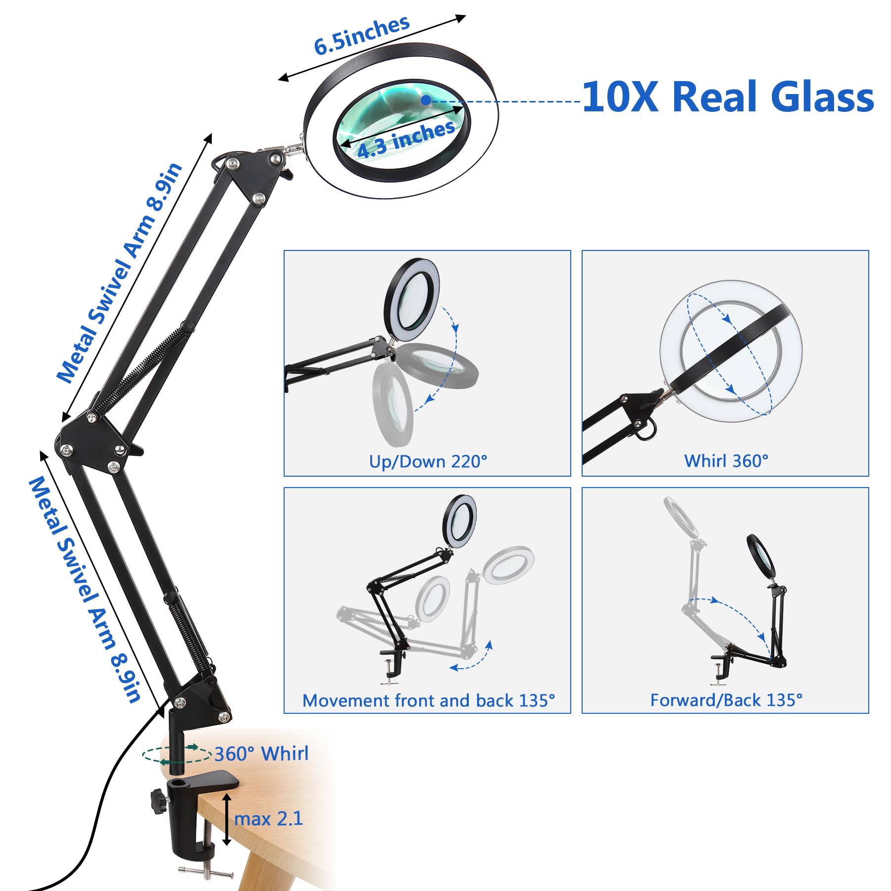 10X Magnifying Glass with Light and Stand - Veemagni Real Glass Magnifier with 3 Color Modes & Stepless Dimming, Adjustable Swing Arm LED Desk Lamp for Reading, Crafts, Jewelry Repair, Soldering & Close Work (Ideal for Hobbyists, Watchmakers & Elderly)