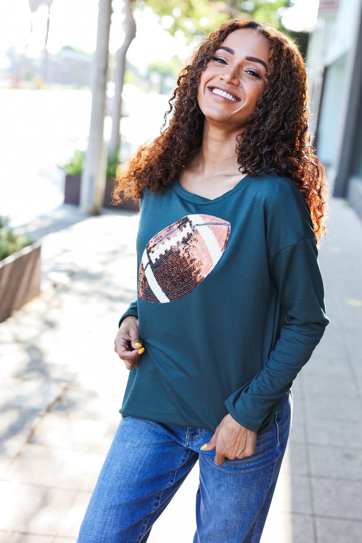 Game Day Forest Green Sequin Football Patch Terry Top - Sparkling Football Jersey for Women's Sports & Party Outfits
