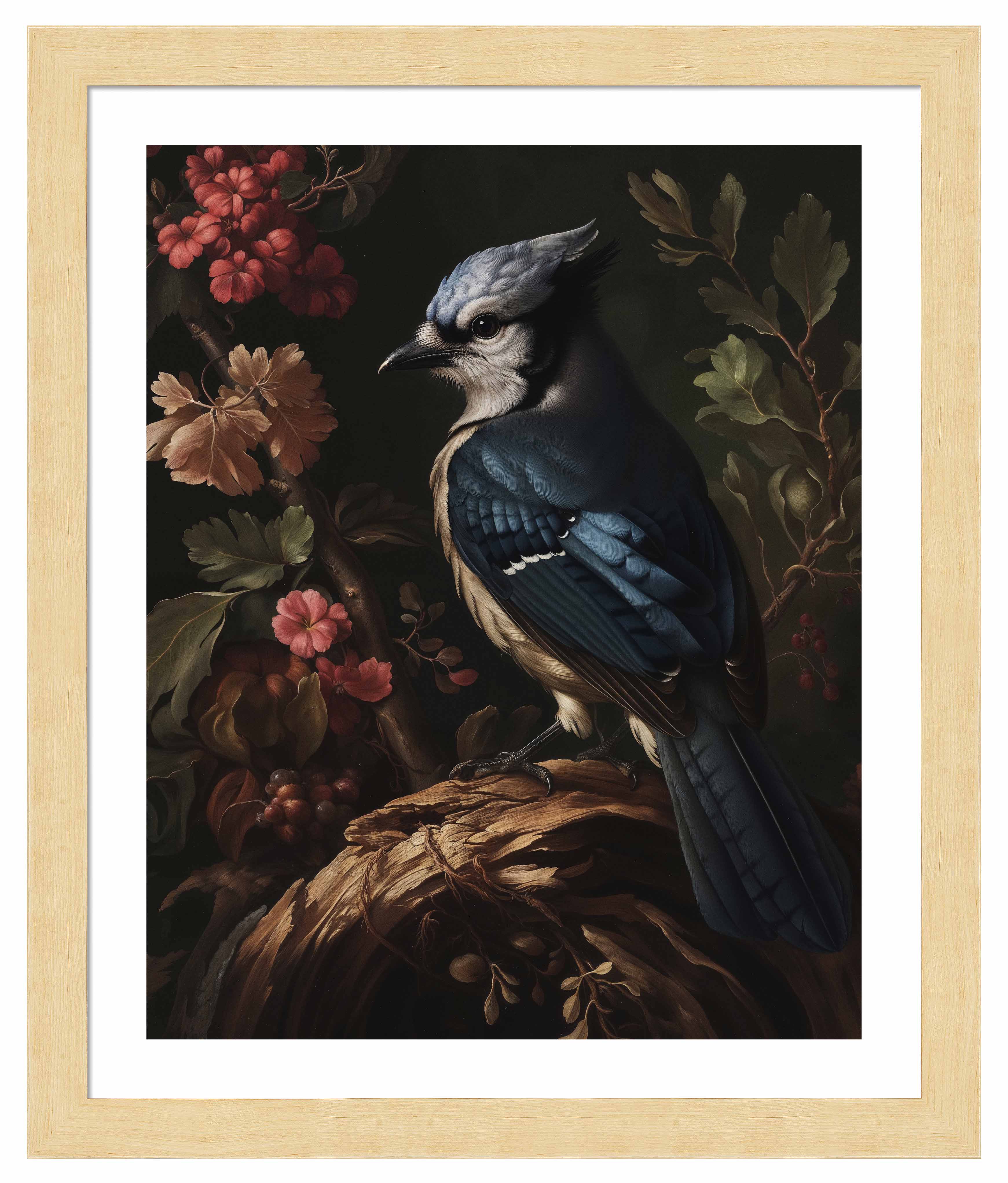Blue Jay Amongst Flora - Elegant Nature Art Print for Home & Office Decor - Perfect for Living Room, Bedroom, or Gift