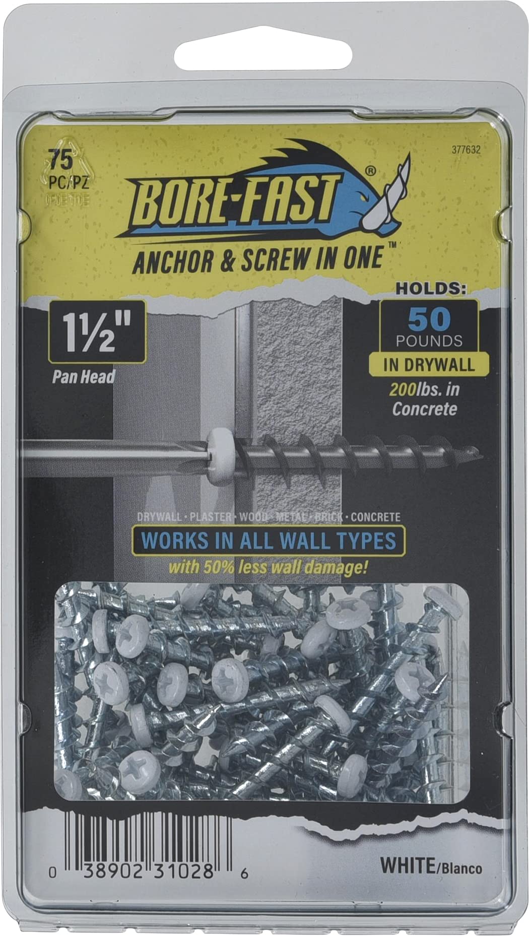 Hillman 377632 Borefast Drywall Anchors - Heavy Duty White Wall Anchors for Hanging Pictures, Shelves & Mirrors - Secure Mounting Solution for Drywall & Plaster Walls