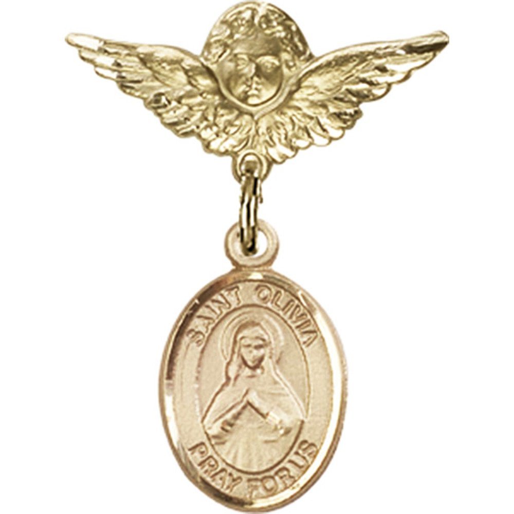 Gold Filled Baby Badge Pin with St. Olivia Charm & Angel Wings - 1 X 3/4 Inch - Perfect for Christening Gifts, Baby Showers & Keepsake Jewelry