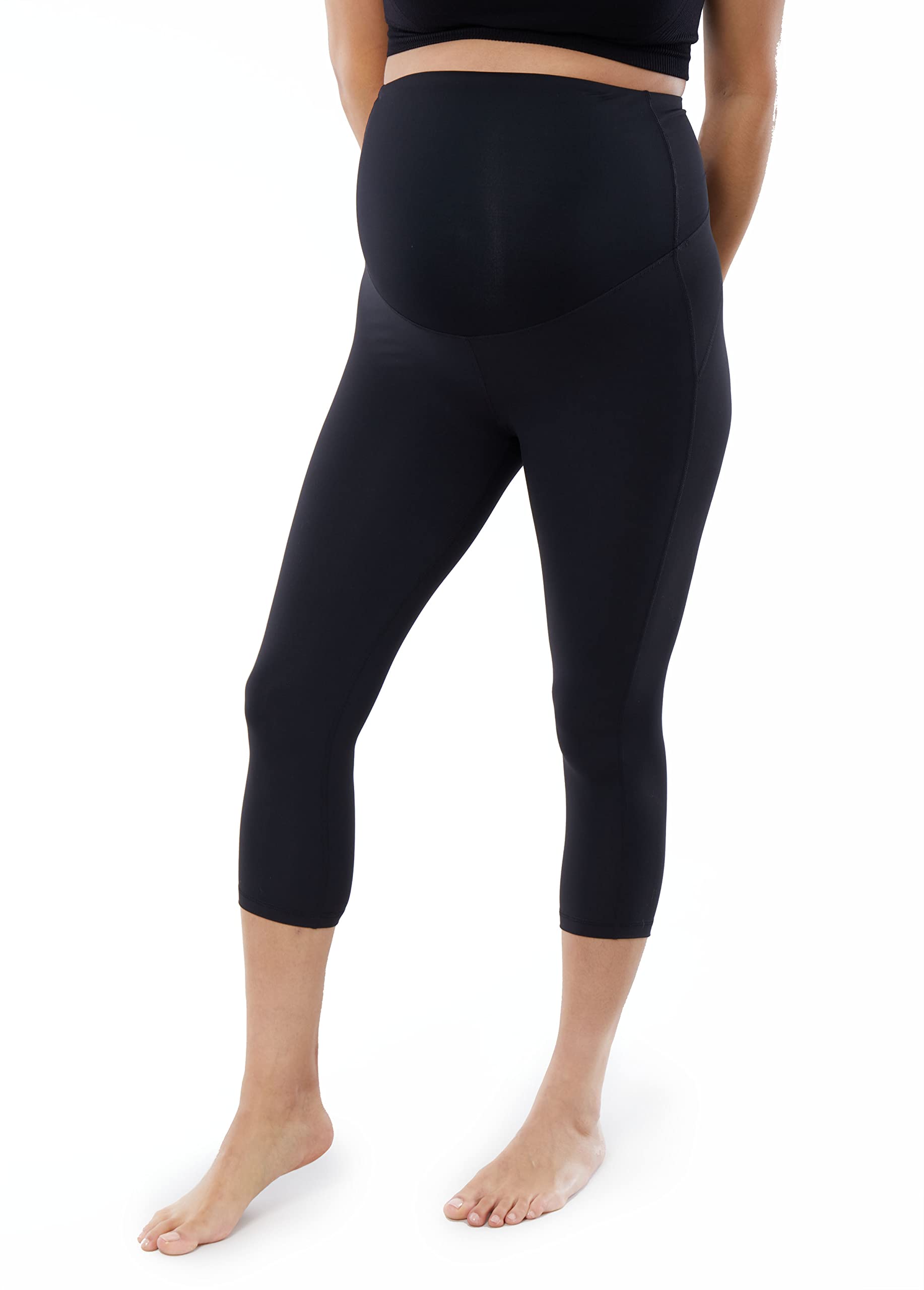 Ingrid & Isabel Basics Active Capri Maternity Legging with Crossover Panel - Supportive Black Pregnancy Workout Leggings for Yoga, Running & Everyday Comfort