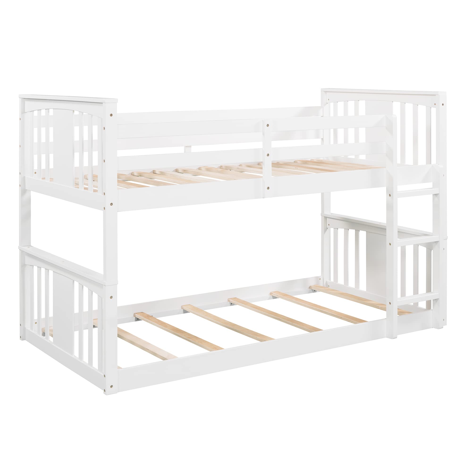 Wooden Twin Over Twin Kids Bunk Bed with Ladder - Low Profile White Bunk Bed Frame for Children's Room, Sleepovers & Small Spaces