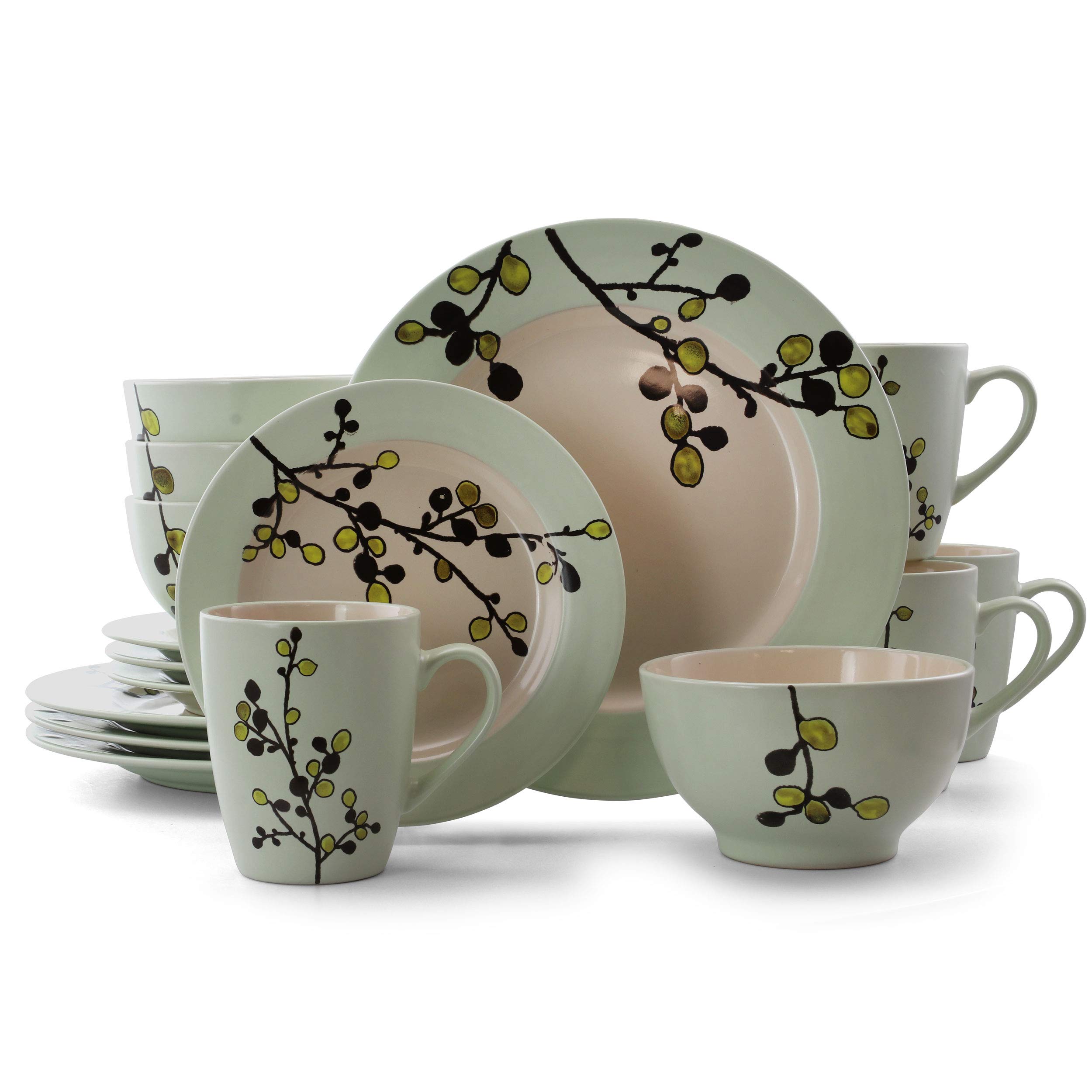 Elama RETROBLOOM 16-Piece Stoneware Dinnerware Set for 4 - Elegant Green Retro Design, Durable & Chip-Resistant - Perfect for Family Dinners, Entertaining Guests & Holiday Gatherings