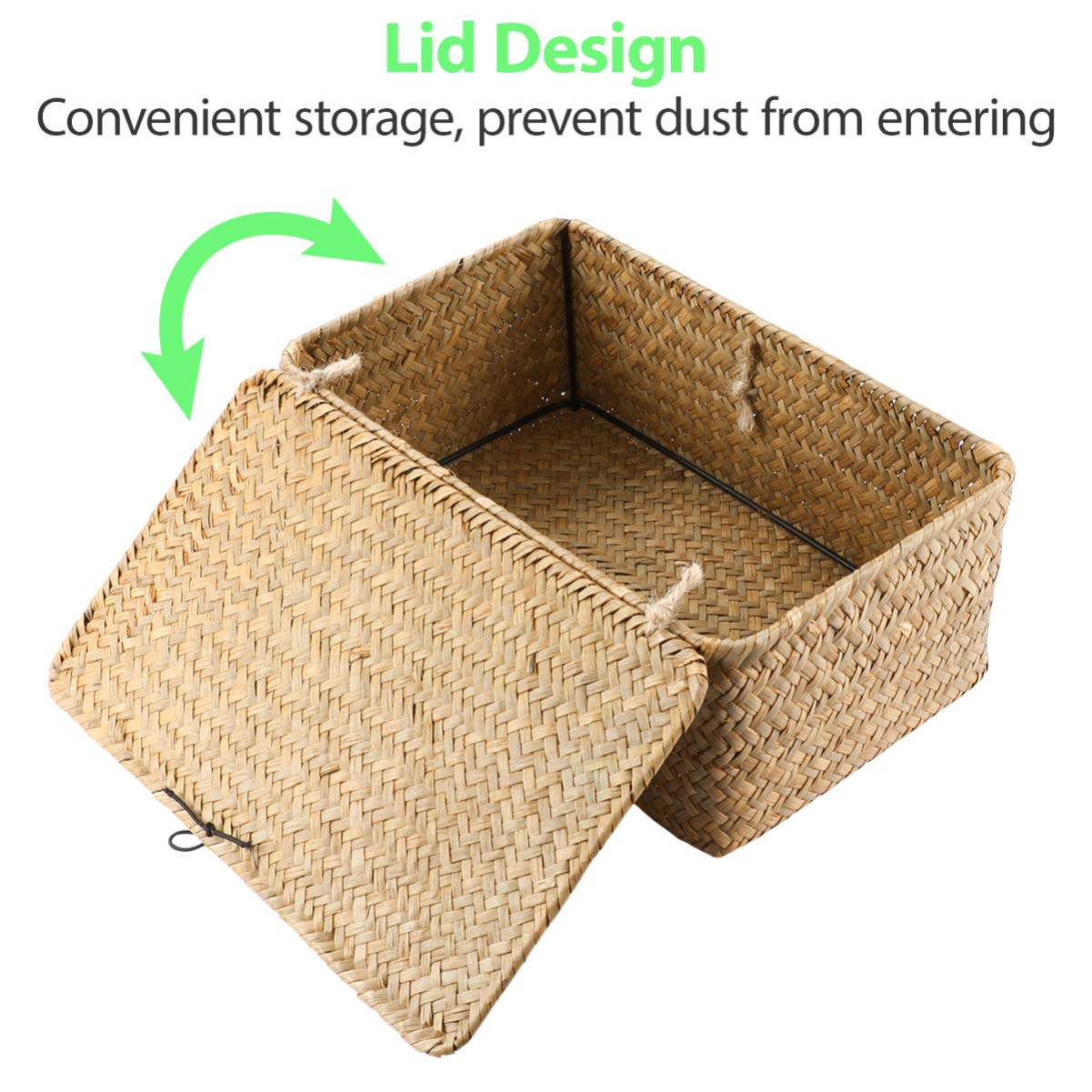 Decorative Small Wicker Baskets with Lid - Rectangular Seagrass Storage Bin for Home, Bathroom & Shelf Organization | Perfect for Bathroom Essentials, Living Room Decor & Closet Storage