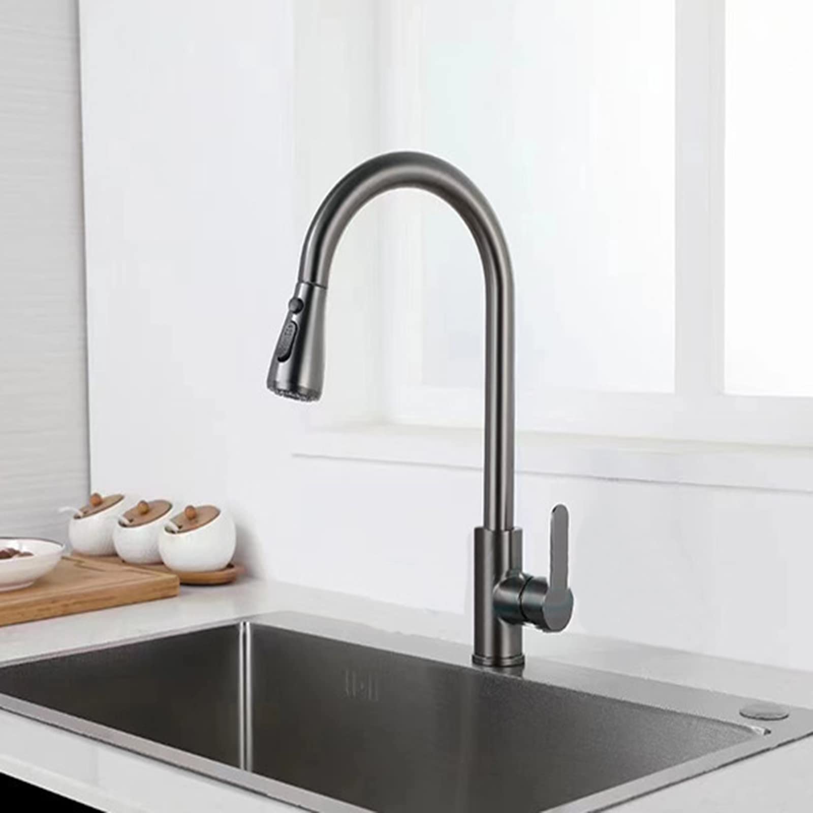 360° Rotating Stainless Steel Kitchen Sink Faucet with Pull-Out Sprayer - 3-Mode Hot & Cold Water Mixer Tap for Washing Dishes, Cooking, and Food Prep